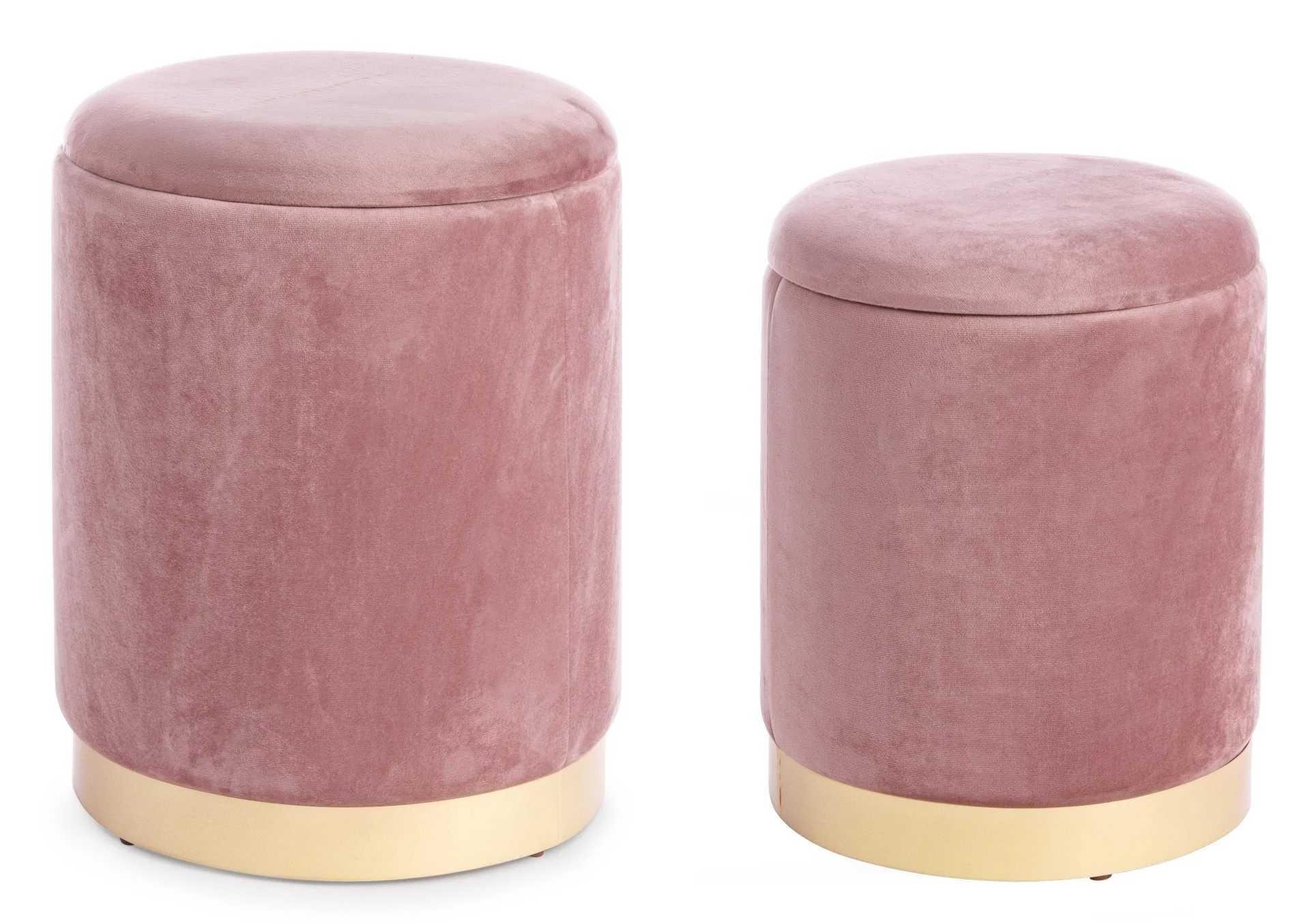 Pouf Polina 2er-Set, weiche Samt-Optik mit Stauraum, modern, rosa, rund, goldfarbenes Gestell