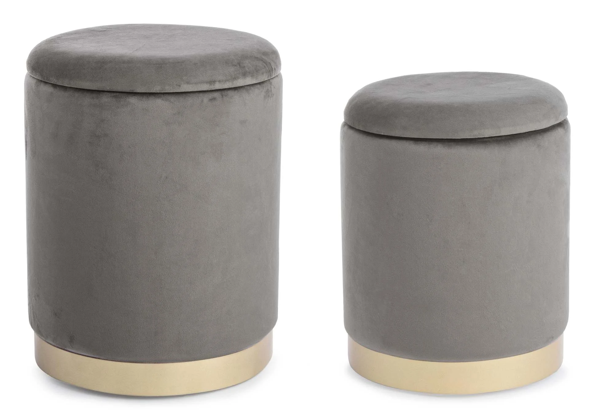 Pouf Polina 2er-Set Samt, modern mit Stauraum und abnehmbarem Deckel, grau, goldfarbenes Gestell