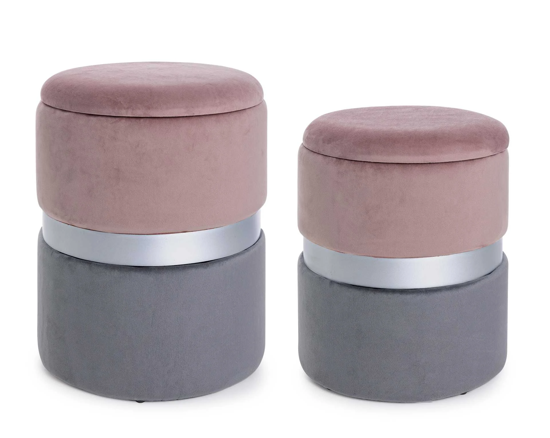 Pouf Polina 2er-Set aus Samt, modern mit Stauraum, zweifarbig in Rosa/Grau, rund