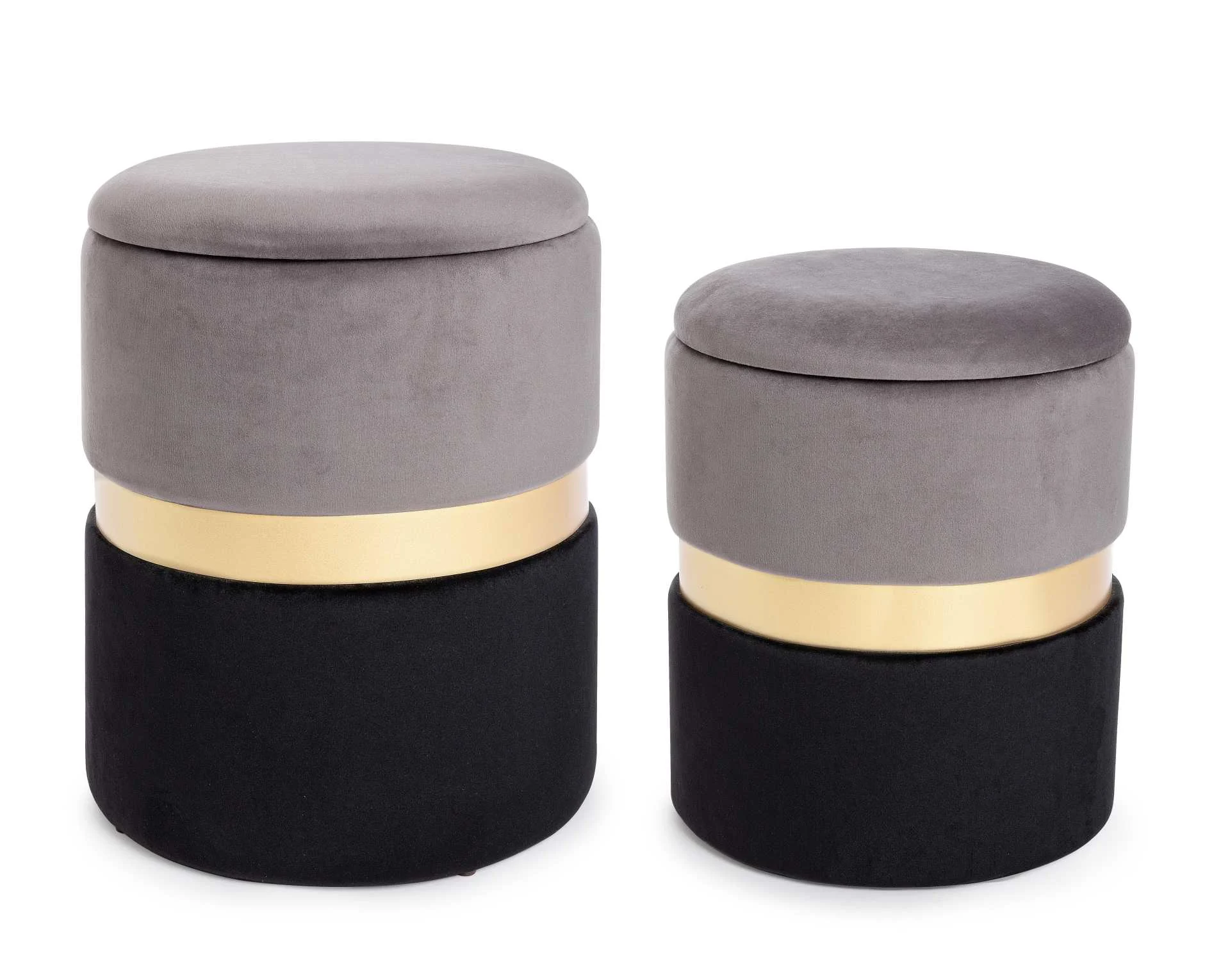 Pouf Polina 2er-Set Samt, modern mit Stauraum, rund, Grau Schwarz, abnehmbarer Deckel