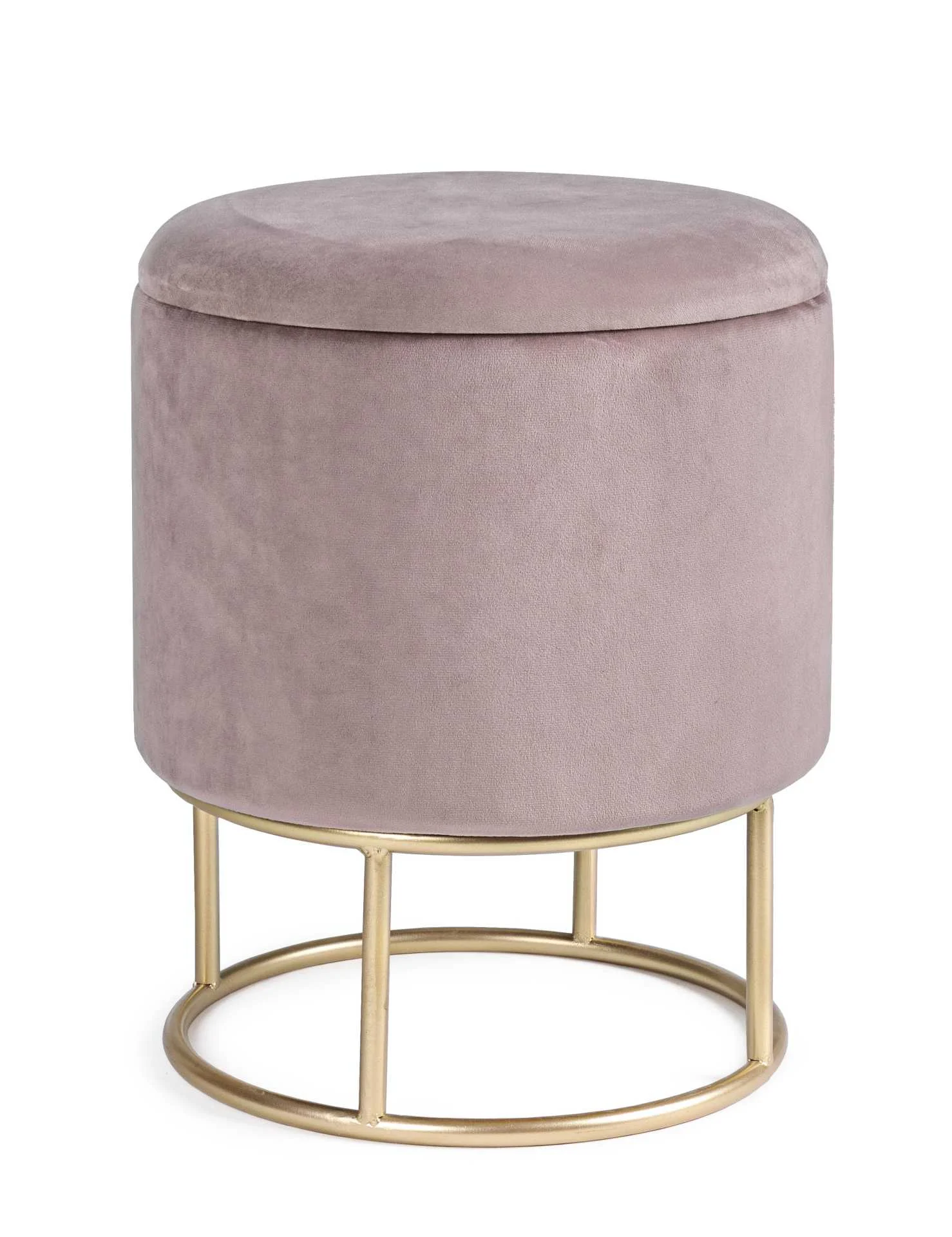 Hocker Polina in Samt-Optik, moderner Stauraumhocker, Rosa, rund mit goldfarbenem Mittelfuß