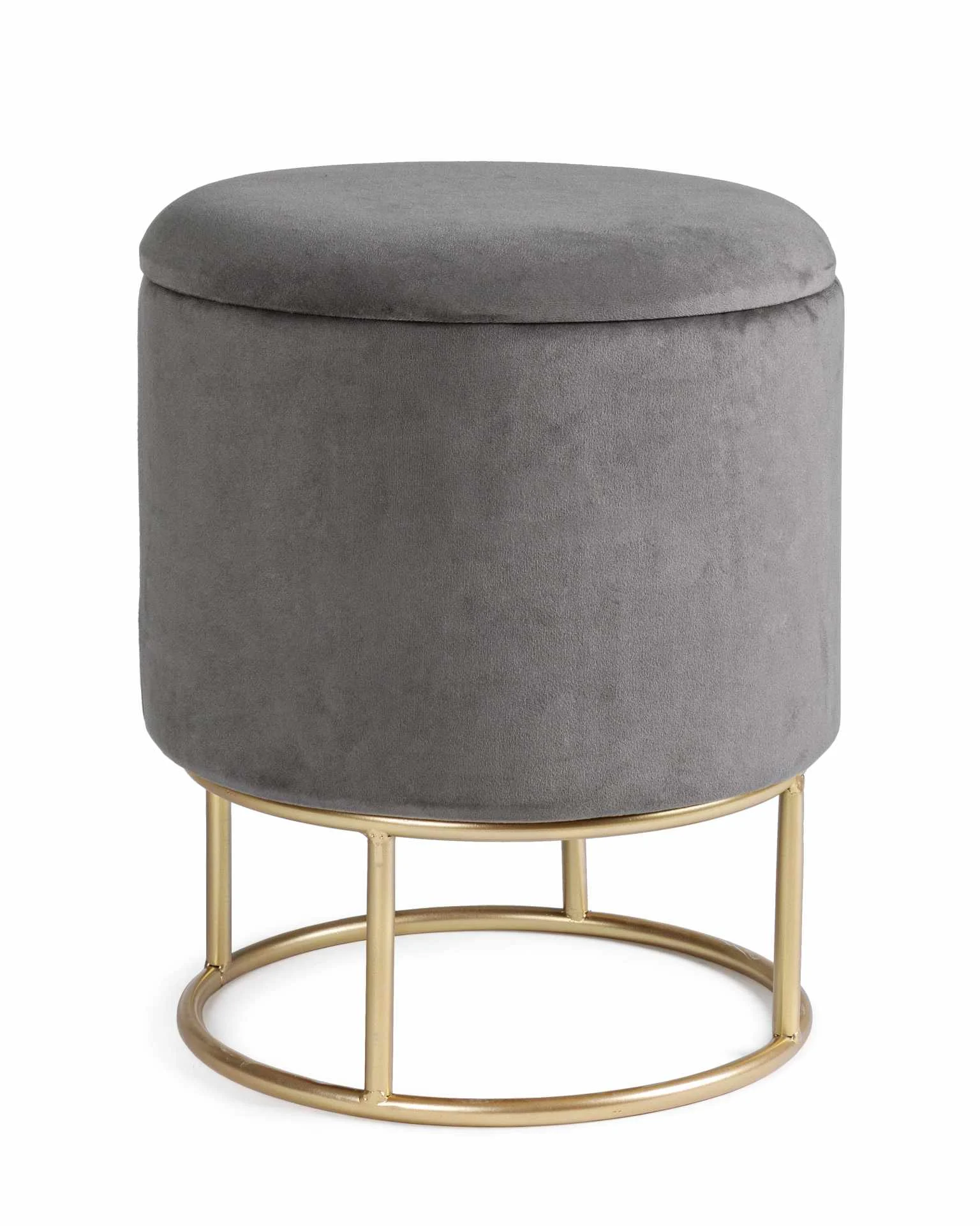 Hocker Polina in Samt-Optik, moderner Stil, Grau, mit Stauraum und goldfarbenem Gestell