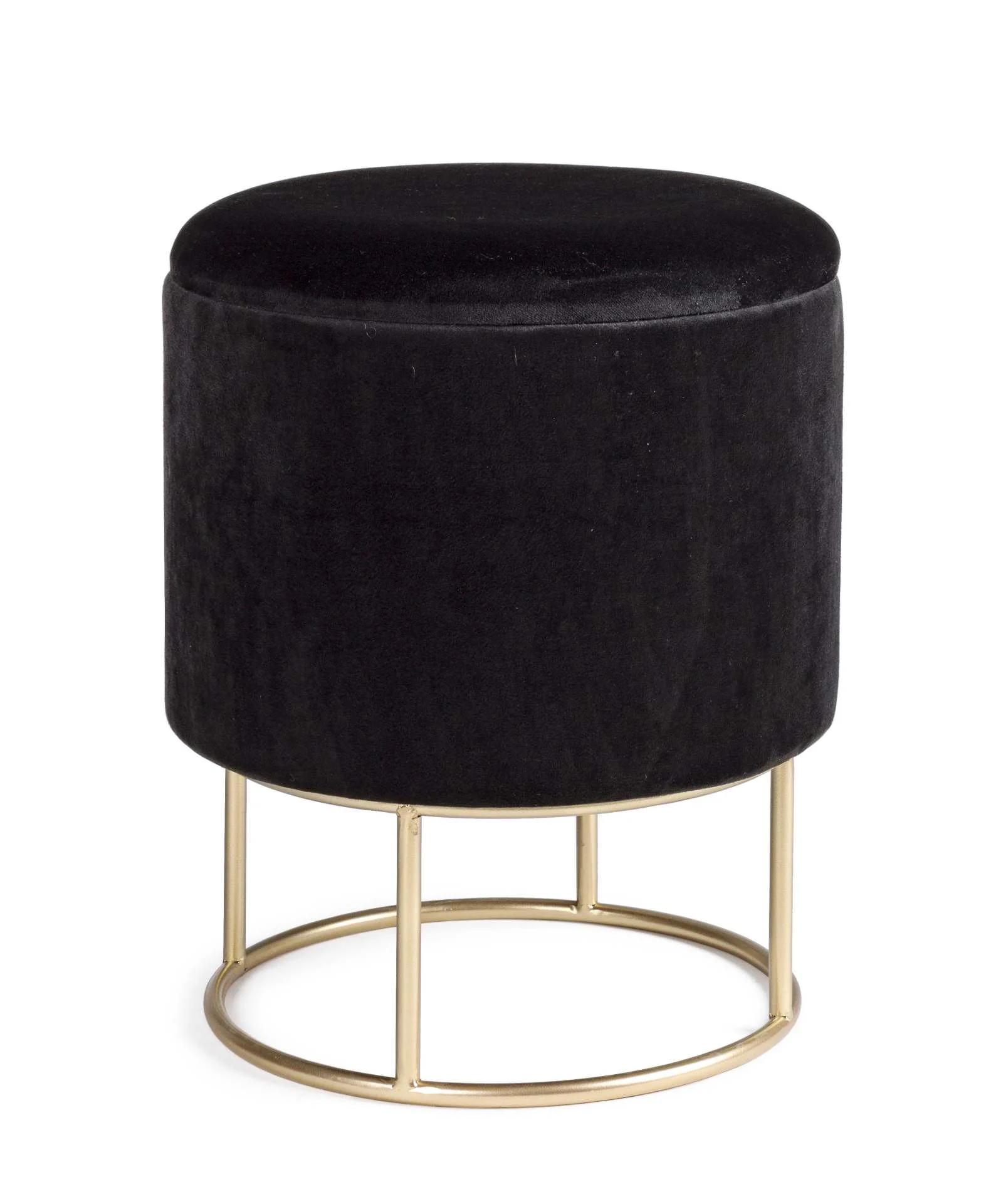 Hocker Polina in Samt-Optik, modern mit Stauraum, rund, schwarz, goldfarbenes Gestell