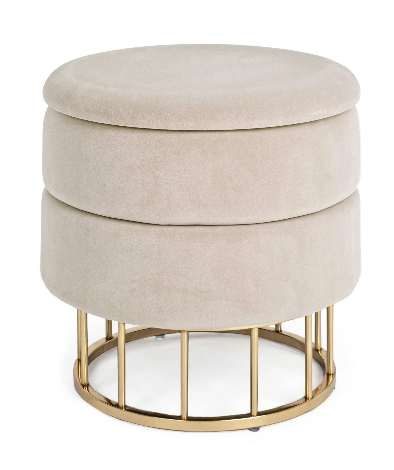Hocker Pavlina in Samt-Optik, modern mit Stauraum, rund, Beige, Metallfuß in Gold