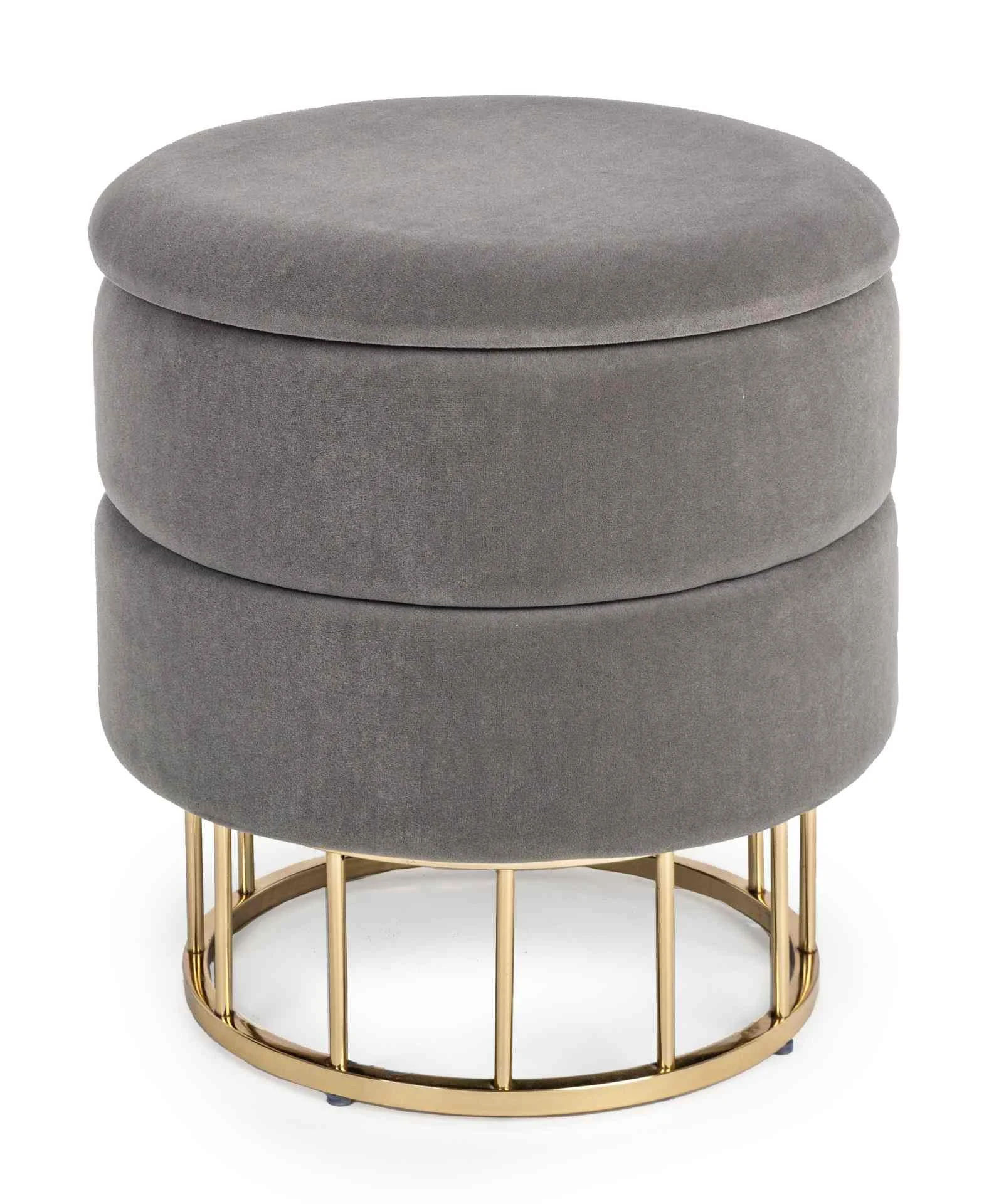 Hocker Pavlina in Samt-Optik, moderner Stil mit Stauraum, gepolstert, grau, goldfarbenes Gestell