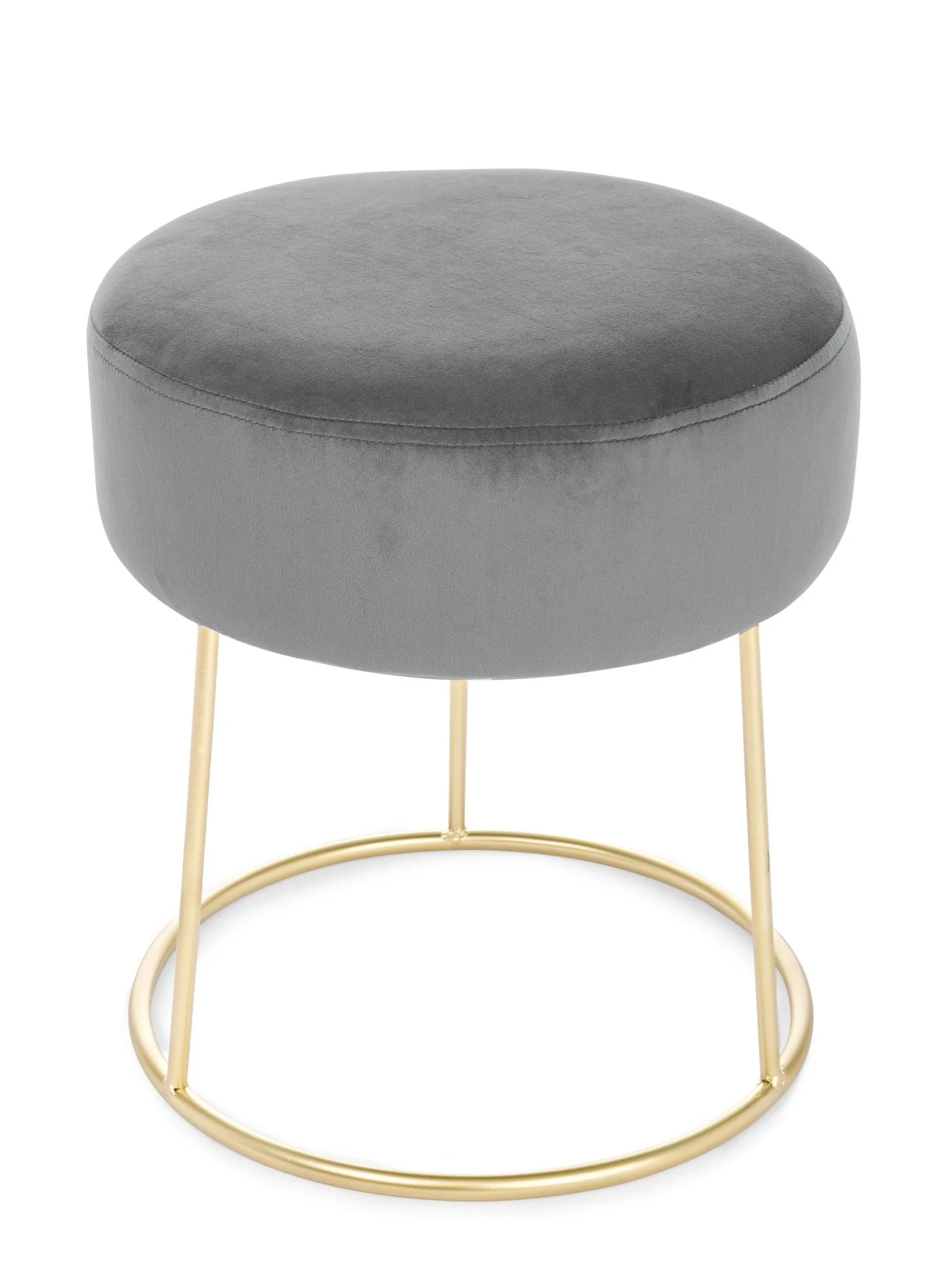 Hocker Clarissa in Samt-Optik, modern gepolstert, rund, Grau mit goldfarbenem Metallfuß