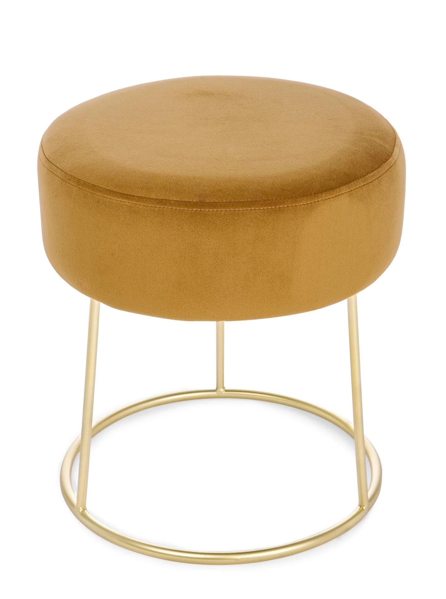 Hocker Clarissa Samt, modern gepolstert, rund, Gelb, goldenes Metallgestell, bequem für Indoor - Bizzotto