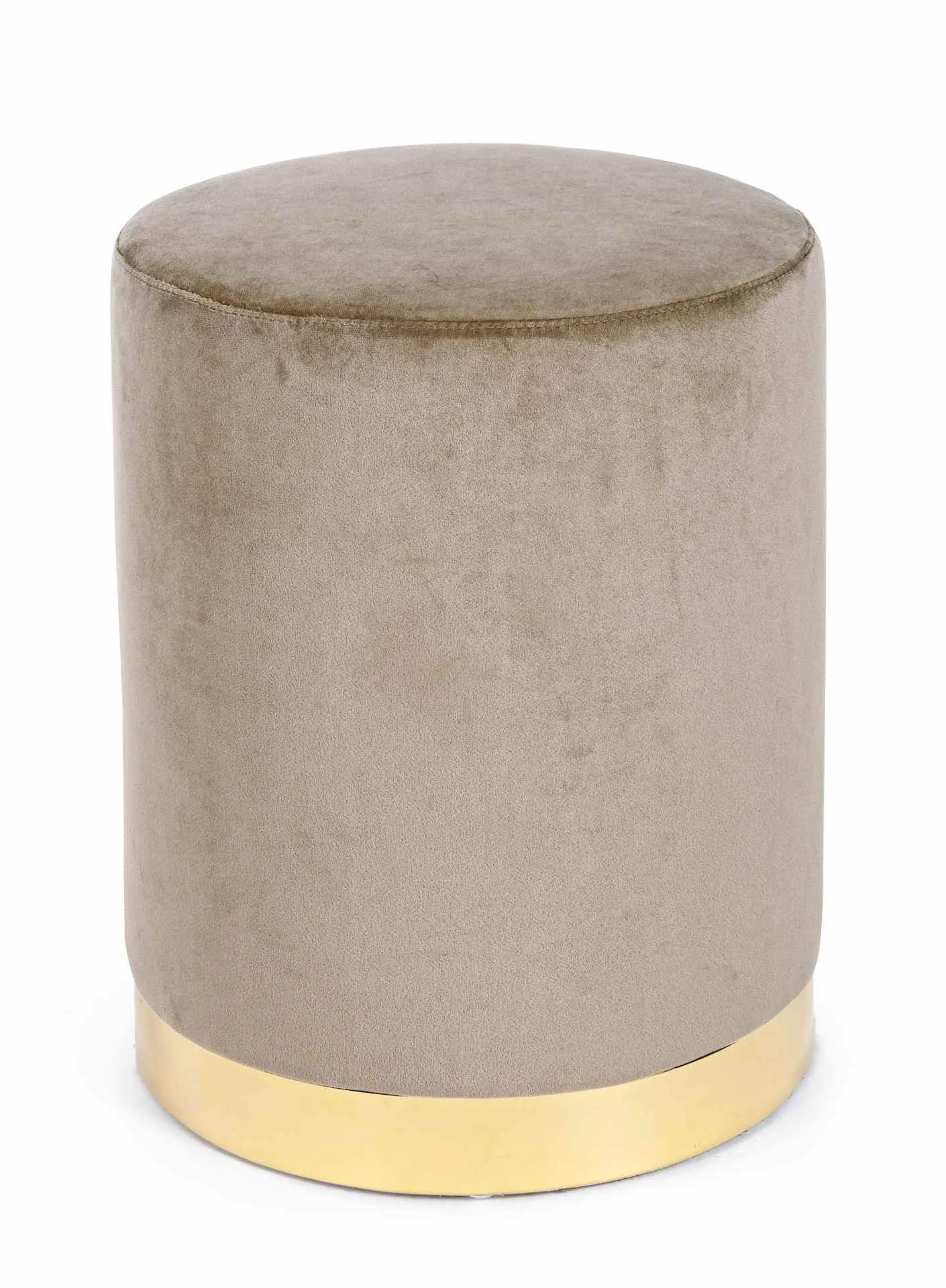 Pouf Lucilla in Samt-Optik, rundes Design, modern, taupe, gepolstert, Gestell goldfarben