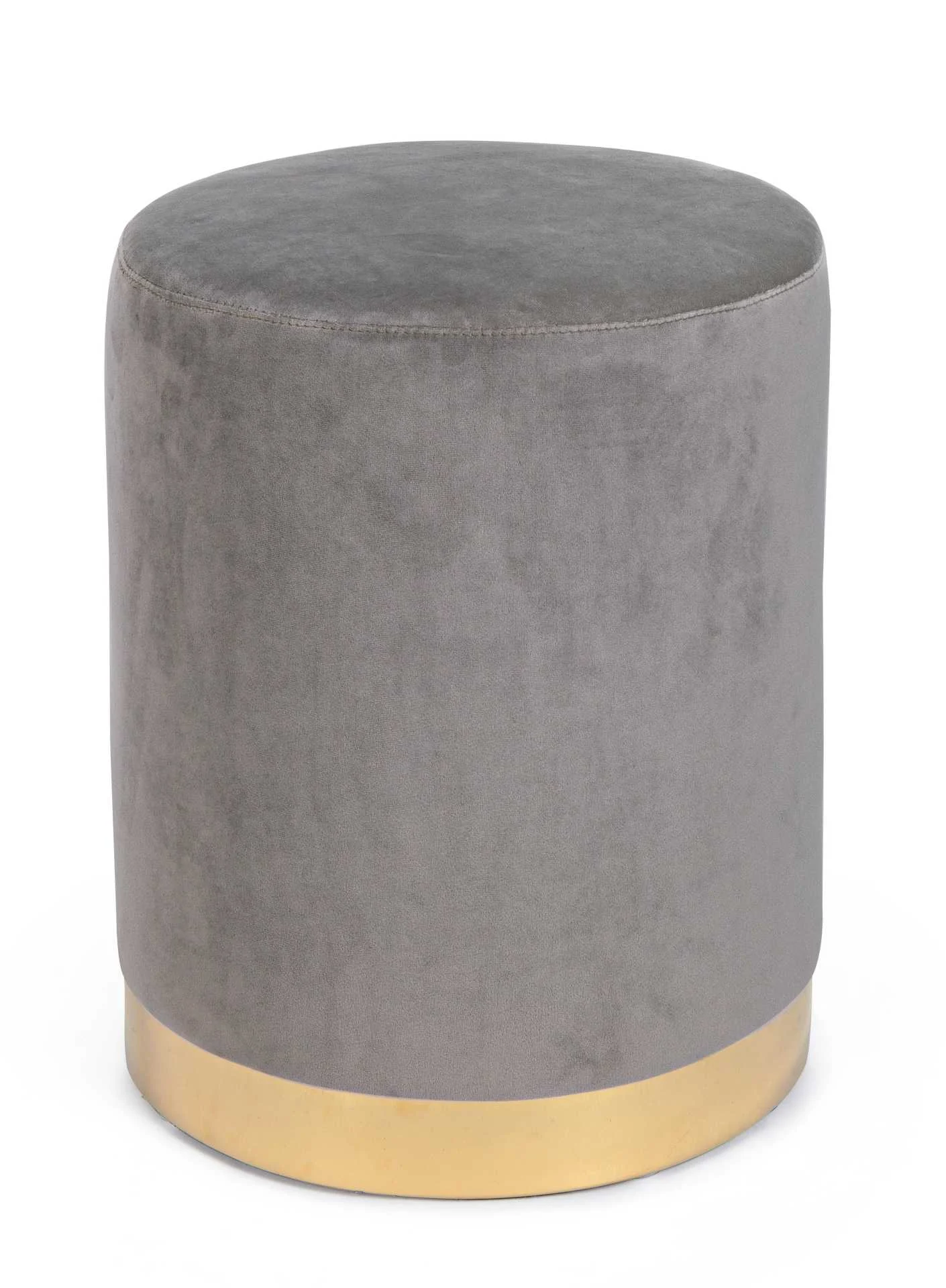 Pouf Lucilla aus Samt, modern und rund, grau mit goldfarbenem Gestell, weich gepolstert - Bizzotto