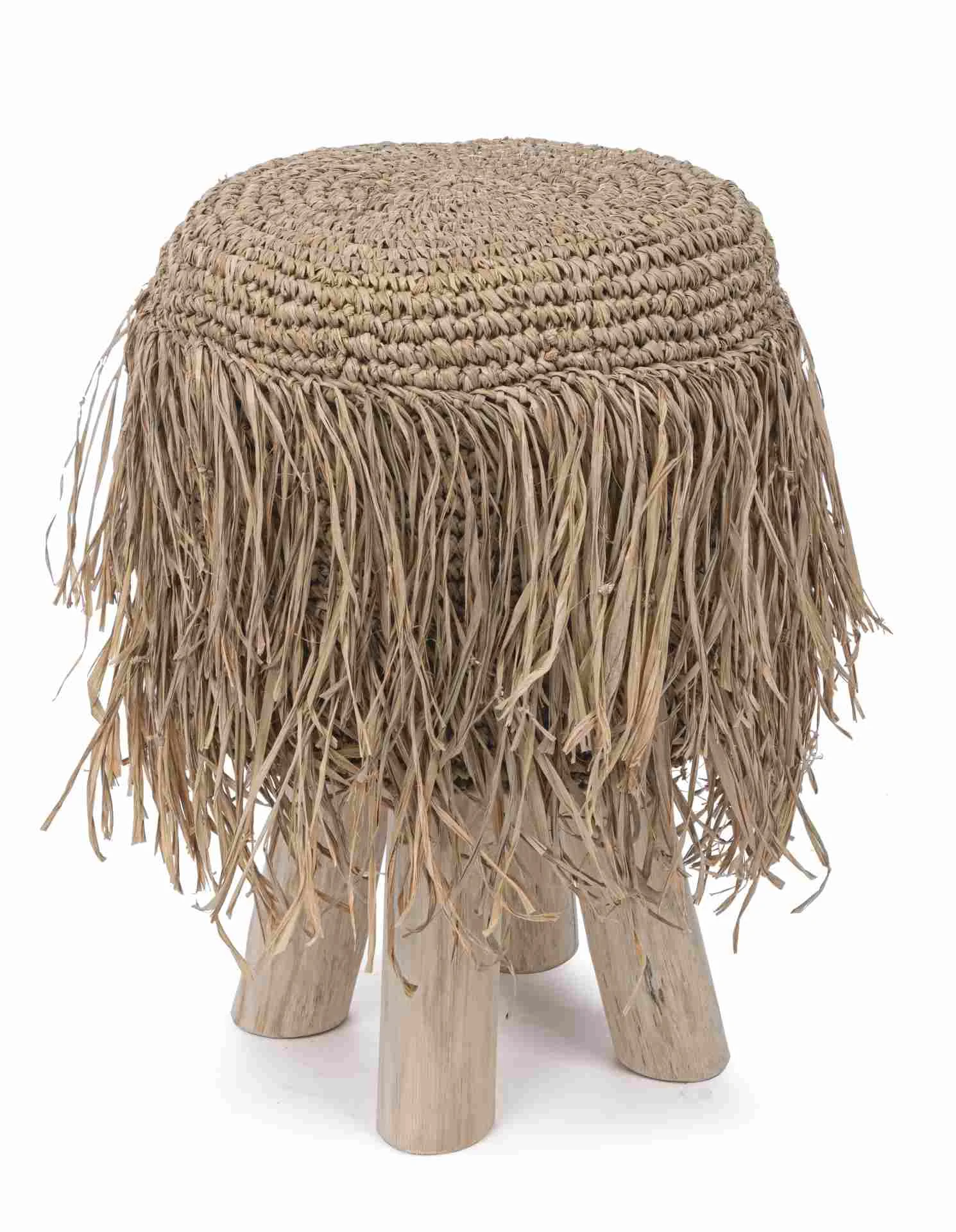 Hocker Florinda aus Teakholz, skandinavisches Design, rund, natur, Sisal-Geflecht