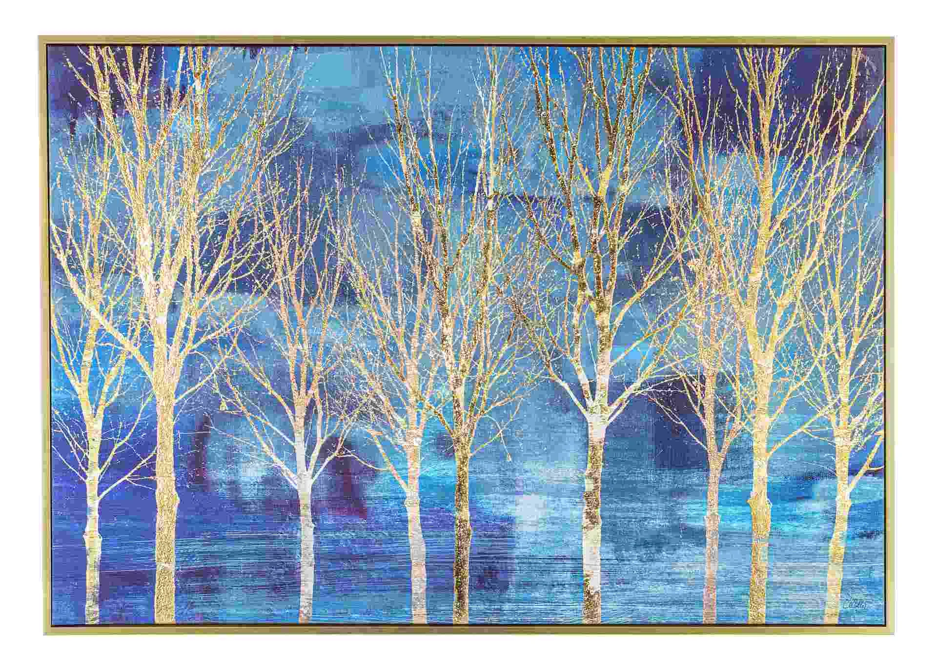 Bild Dark Forest Leinwanddruck, modern, Blau Gold, rechteckig 100x70 cm, mit Kiefernholzrahmen - Bizzotto