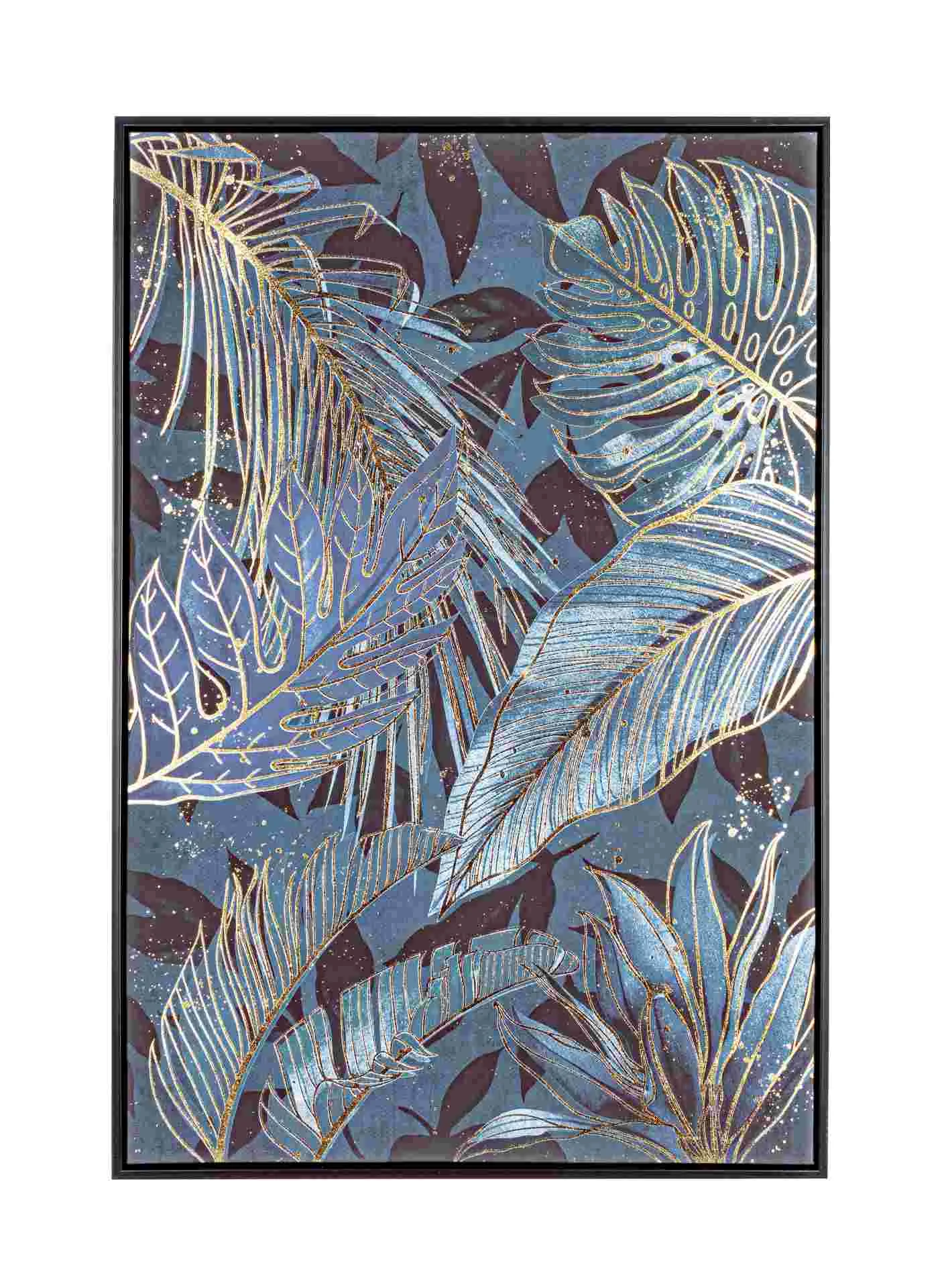 Bild Leafs auf Leinwand, modern und rechteckig, Blau und Gold, mit MDF-Rahmen, 60x90 cm