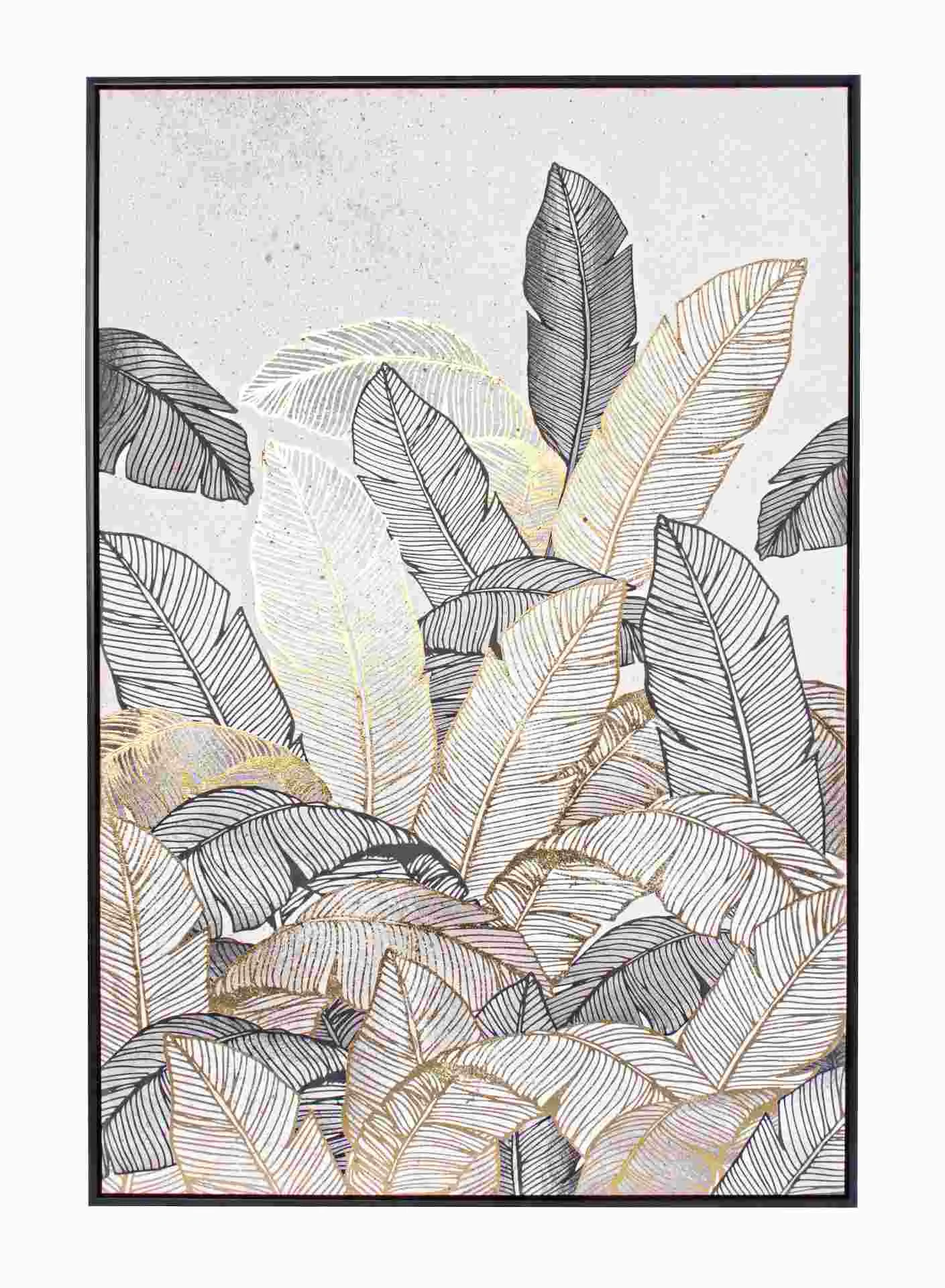 Bild Jungle Leafs Leinwand, klassischer Stil, grau gold, rechteckig, 82x122 cm, mit MDF-Rahmen