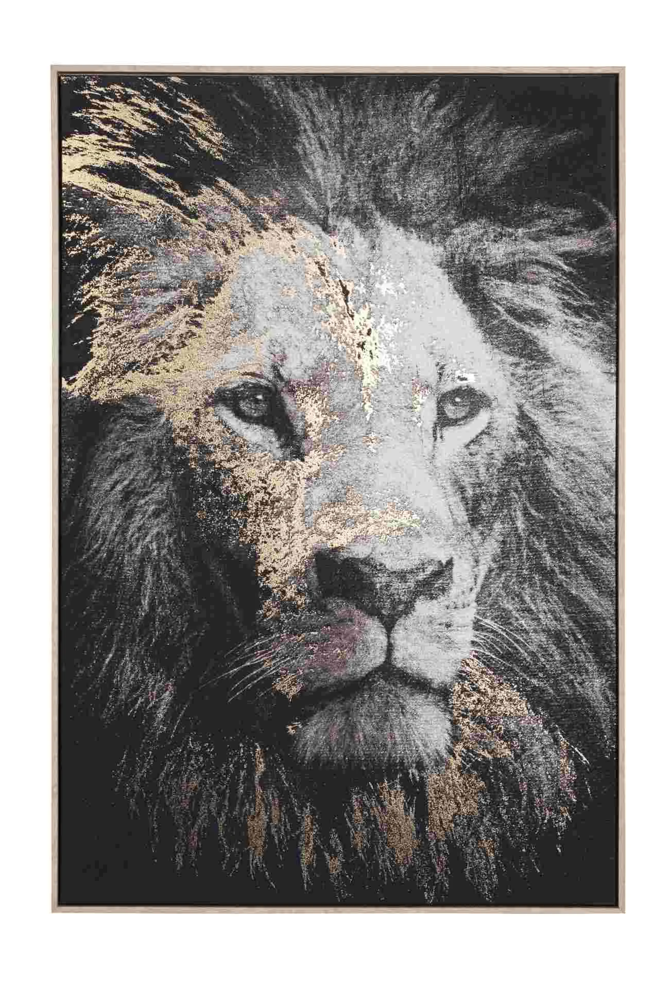Bild Golden Lion aus Leinwand und MDF, modern, grau gold, Hochformat 82x122 cm - Bizzotto