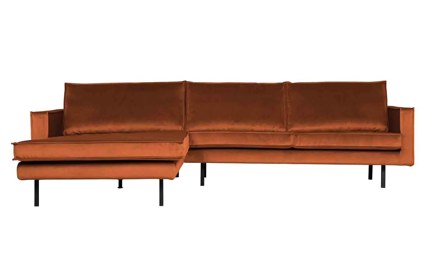 Ecksofa Rodeo Samt, moderne Chaiselongue links, rostrot, weiche Polsterung, Metallgestell - Woood