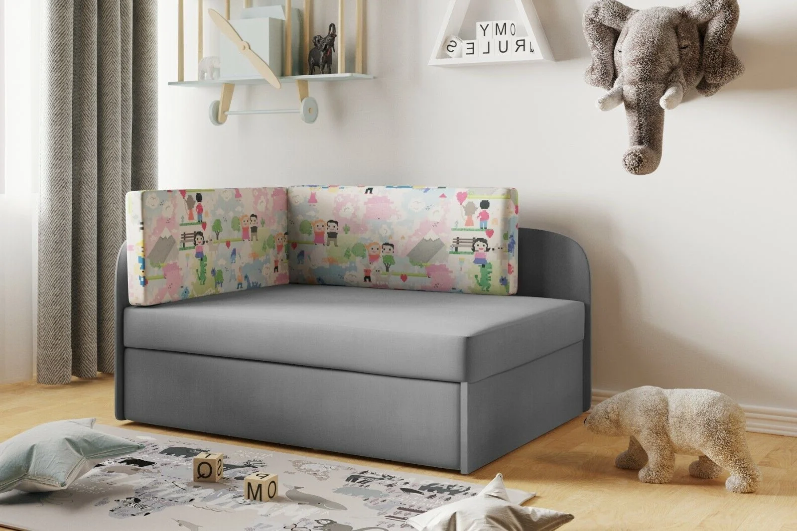 Kindersofa mit Schlaffunktion und Bettkasten, wachsendes Bett WINNIE Menschen-Grau