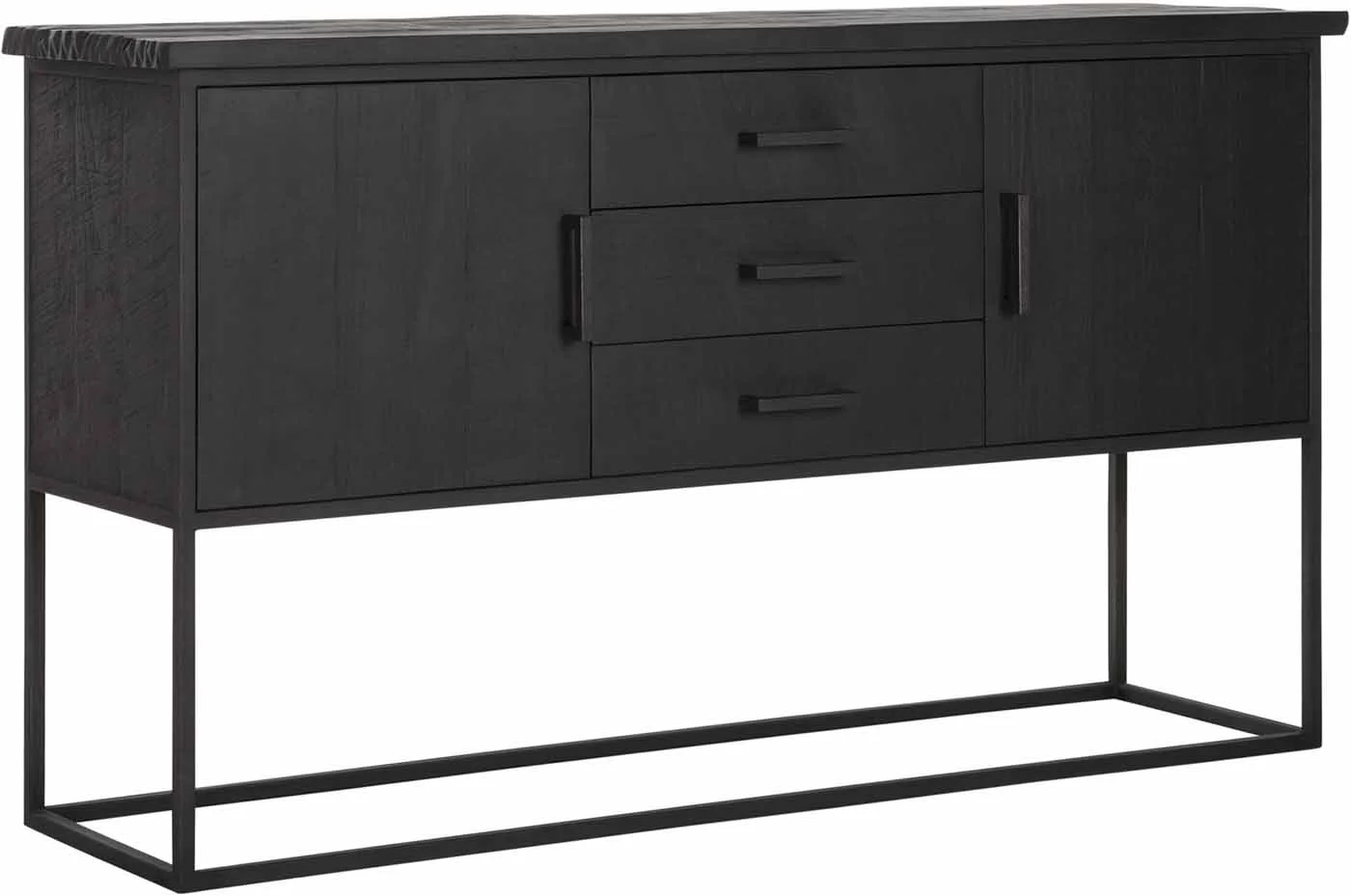 Sideboard Kommode Beam aus Teakholz und Metall, Industrial-Stil, schwarz, 3 Schubladen, 2 Türen