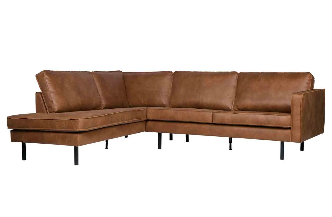 Ecksofa Rodeo Lederoptik, klassisch links, cognacbraun, 4-5 Sitzplätze, Metallgestell