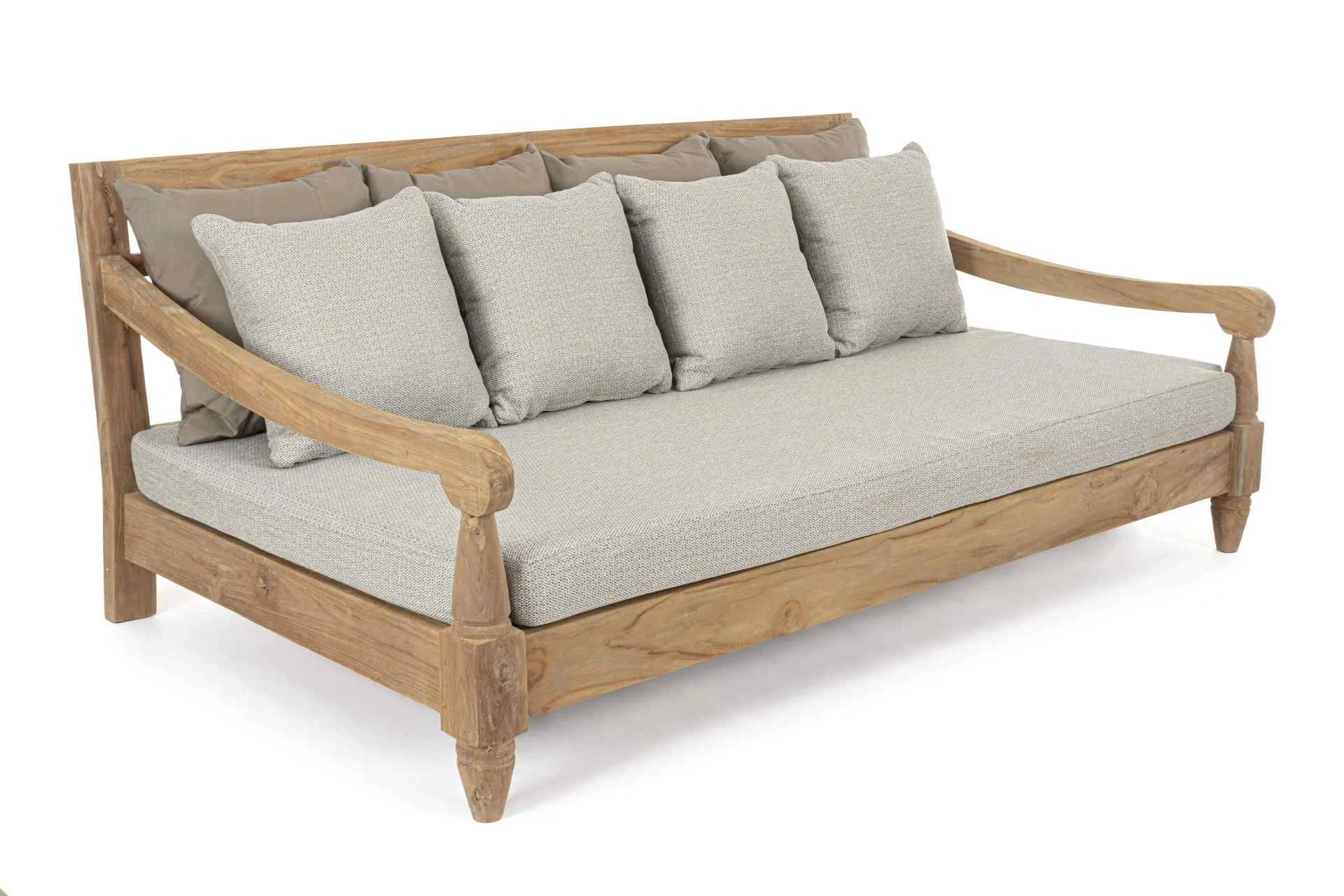 Gartensofa Bali aus Teakholz, klassisch gepolstert, hellgrau, abnehmbare Sunproof-Kissen