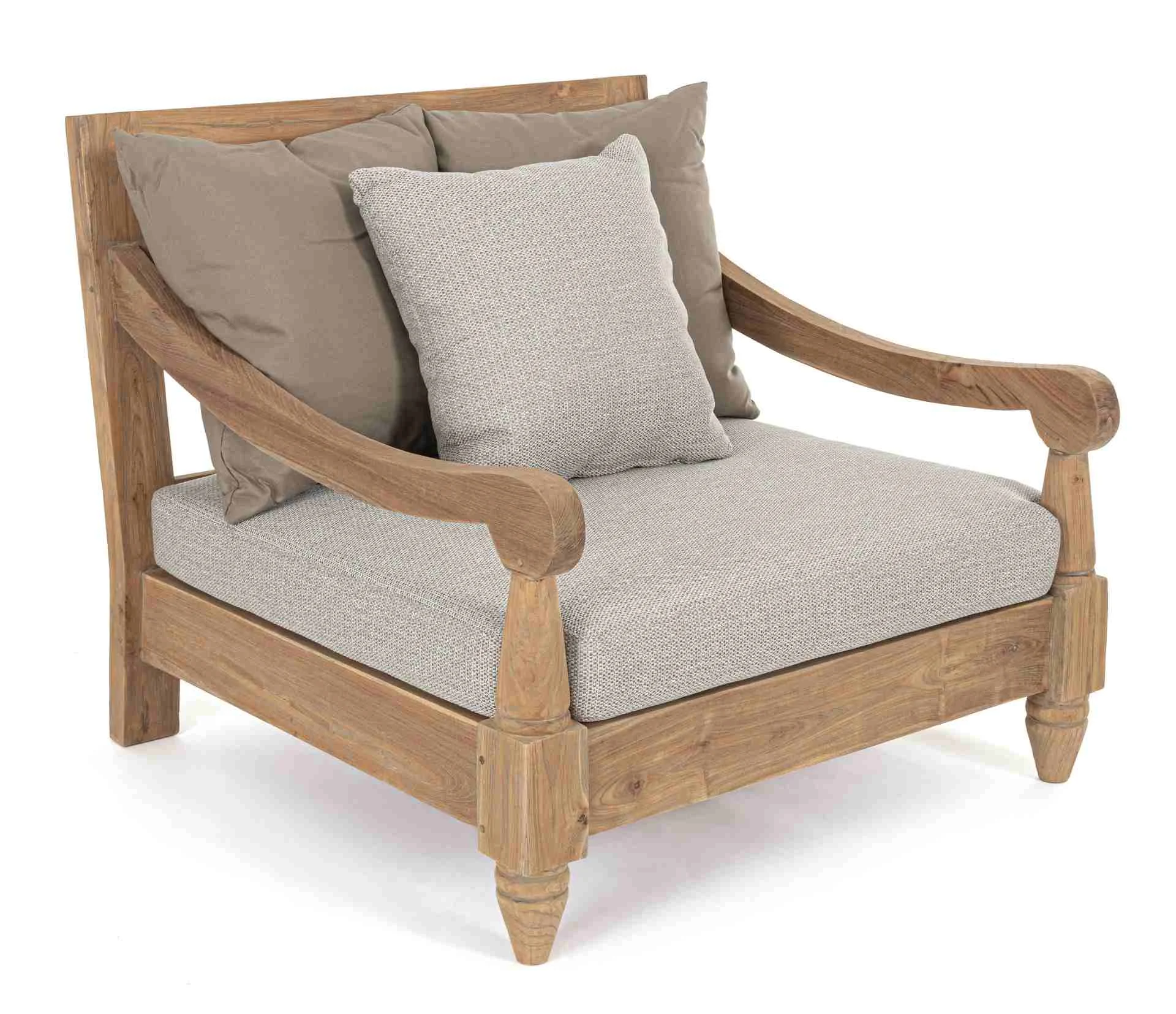 Gartensessel Bali aus Teakholz, klassisch gepolstert, hellgrau, abnehmbare Sunproof-Kissen