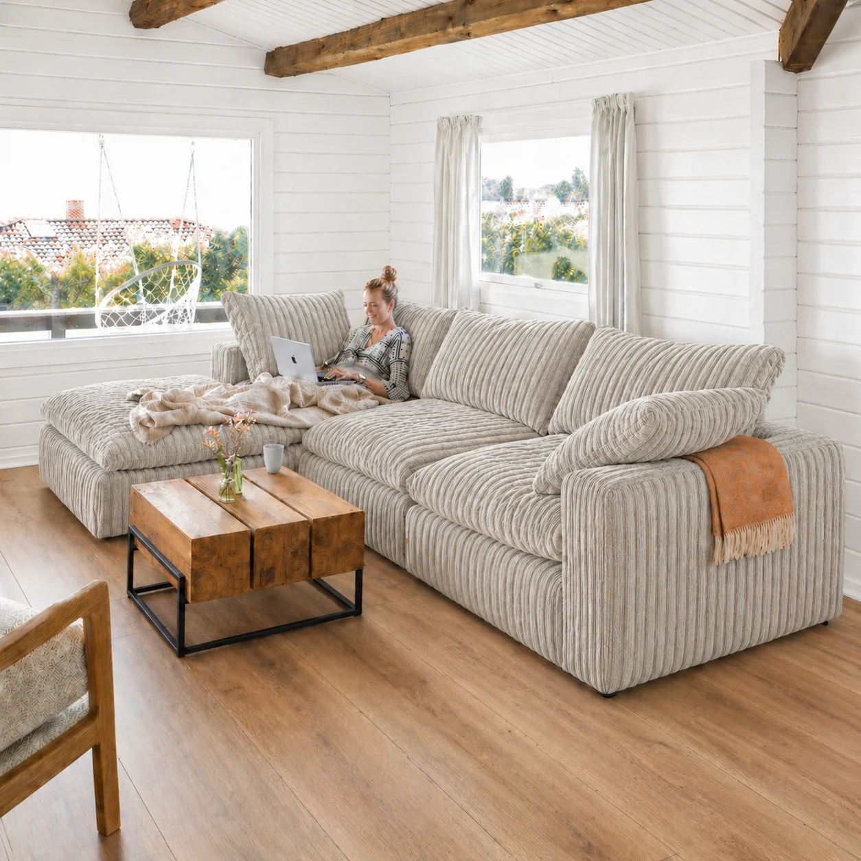Lazy Modulsofa 3 Sitzer mit Chaiselongue Links, Stoff Mega Taupe - FASMAS