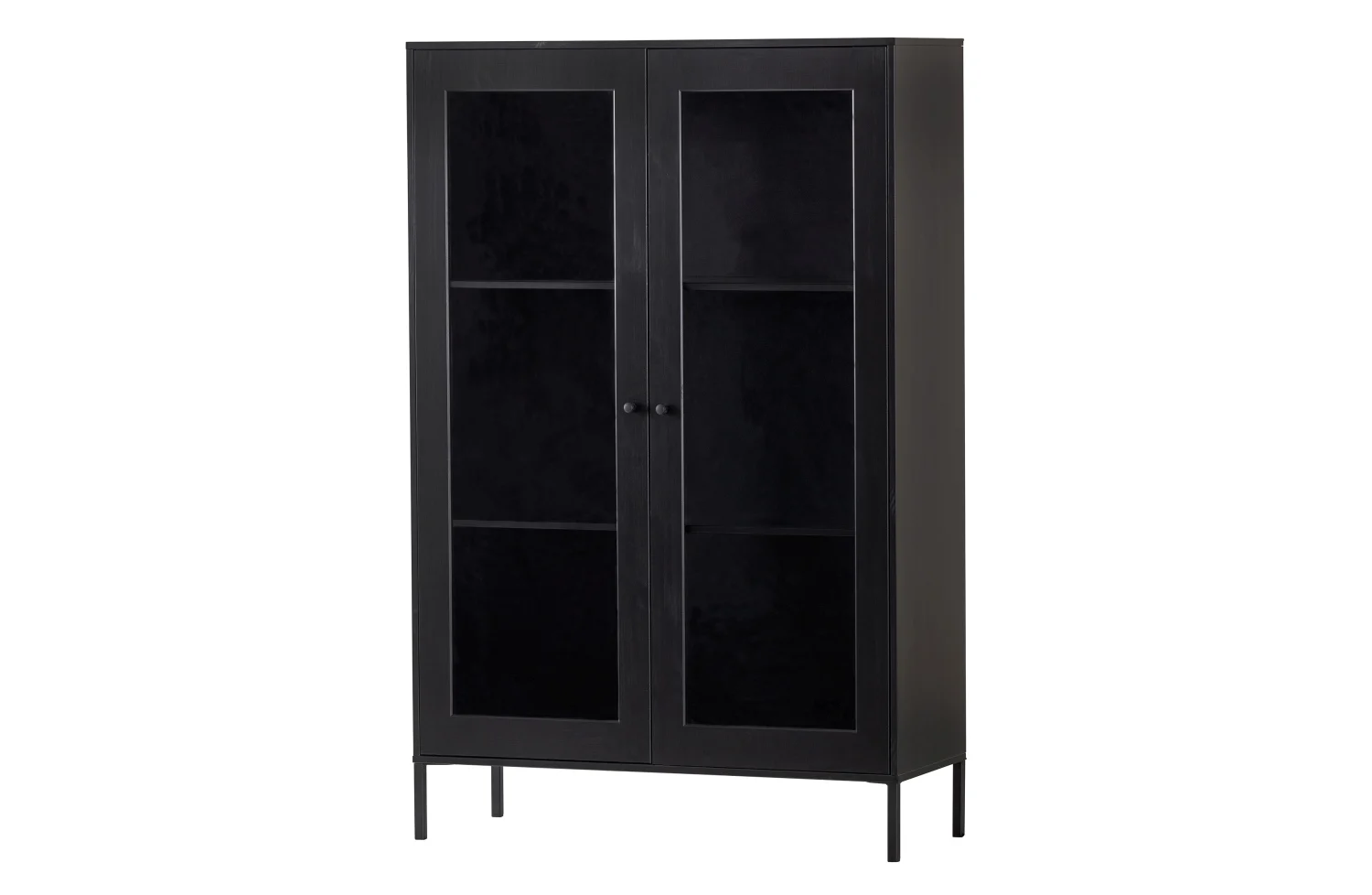 Vitrine Xam aus Kiefernholz, modernes Design, Schwarz lackiert, mit Glastüren und Einlegeböden - Woood