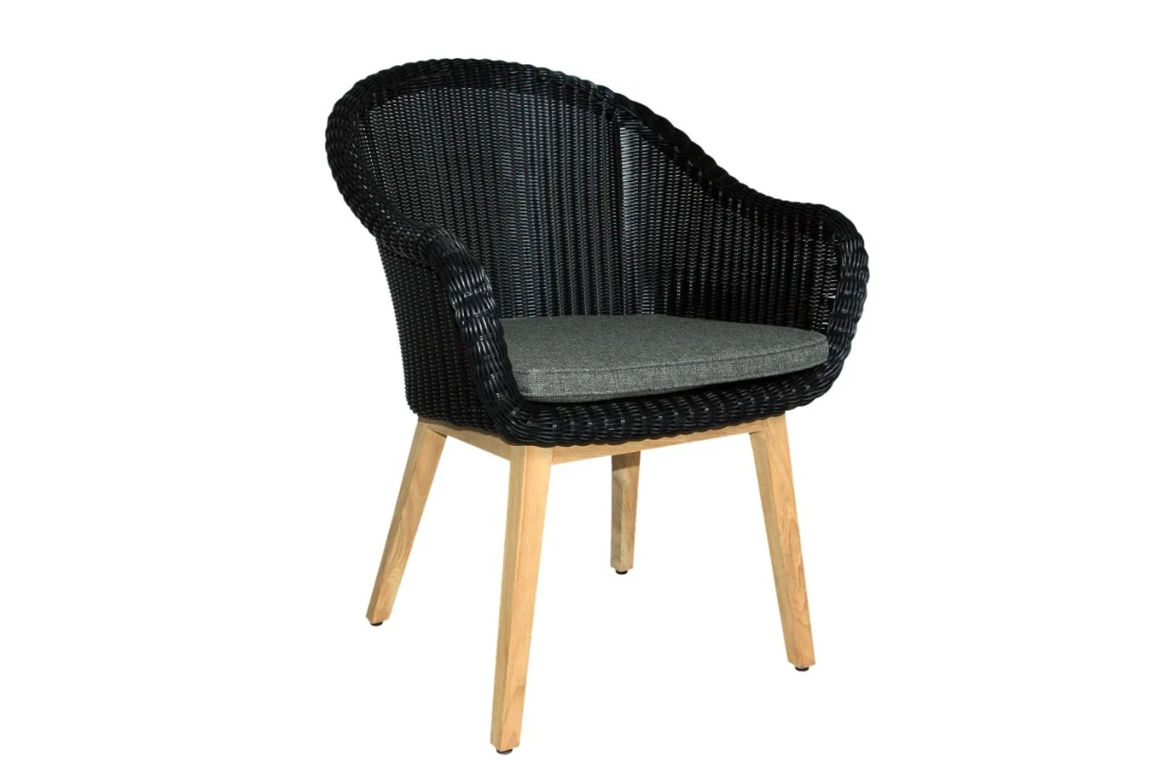 Gartenstuhl Beverly von Brafab aus Teak und Kunst-Rattan, modern skandinavisch, schwarz mit Kissen