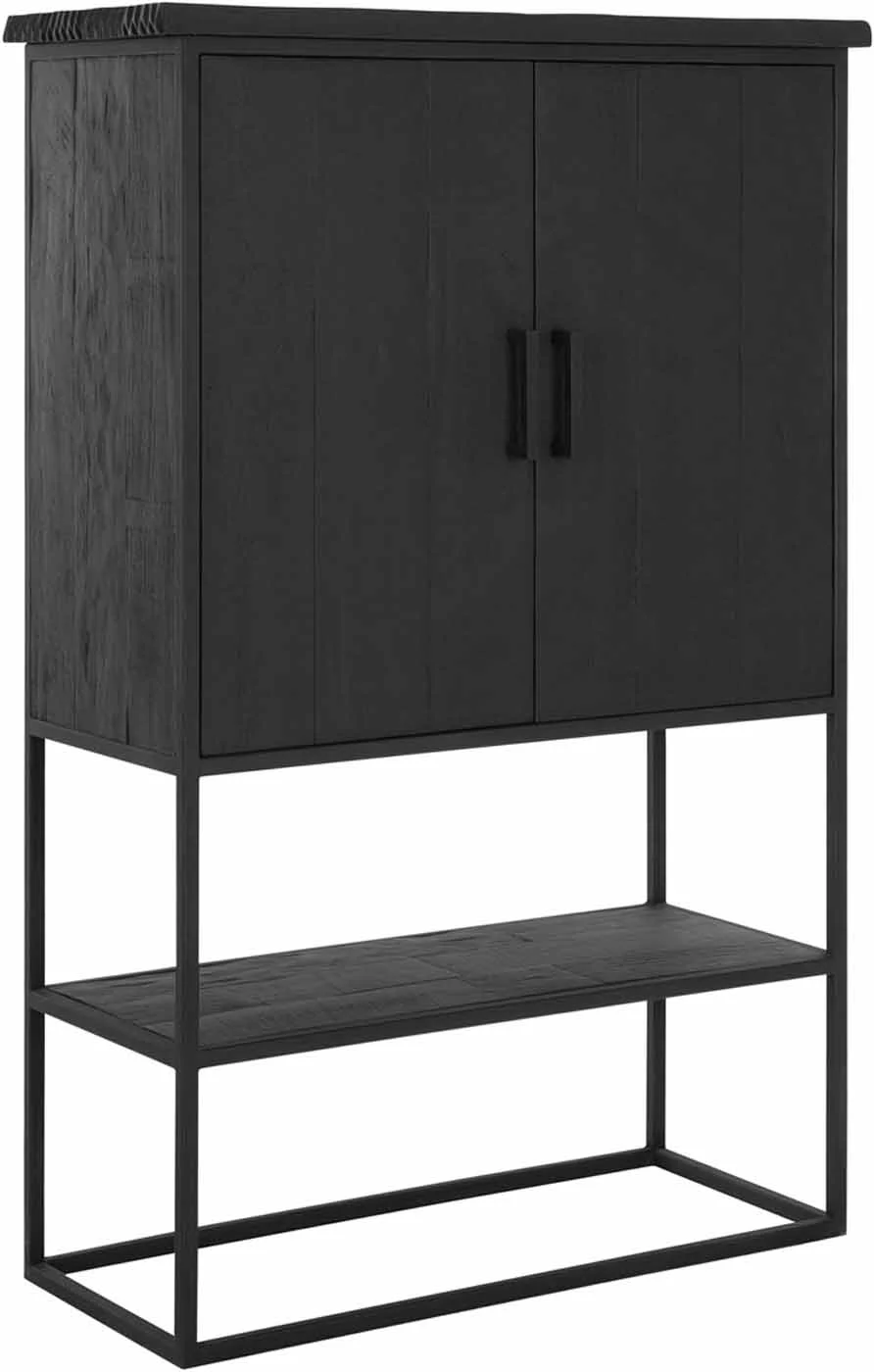 Schrank Beam aus Teakholz, Industrial Design mit Metallgestell, Schwarz, 2 Türen, 90x40x140 cm - Must Living