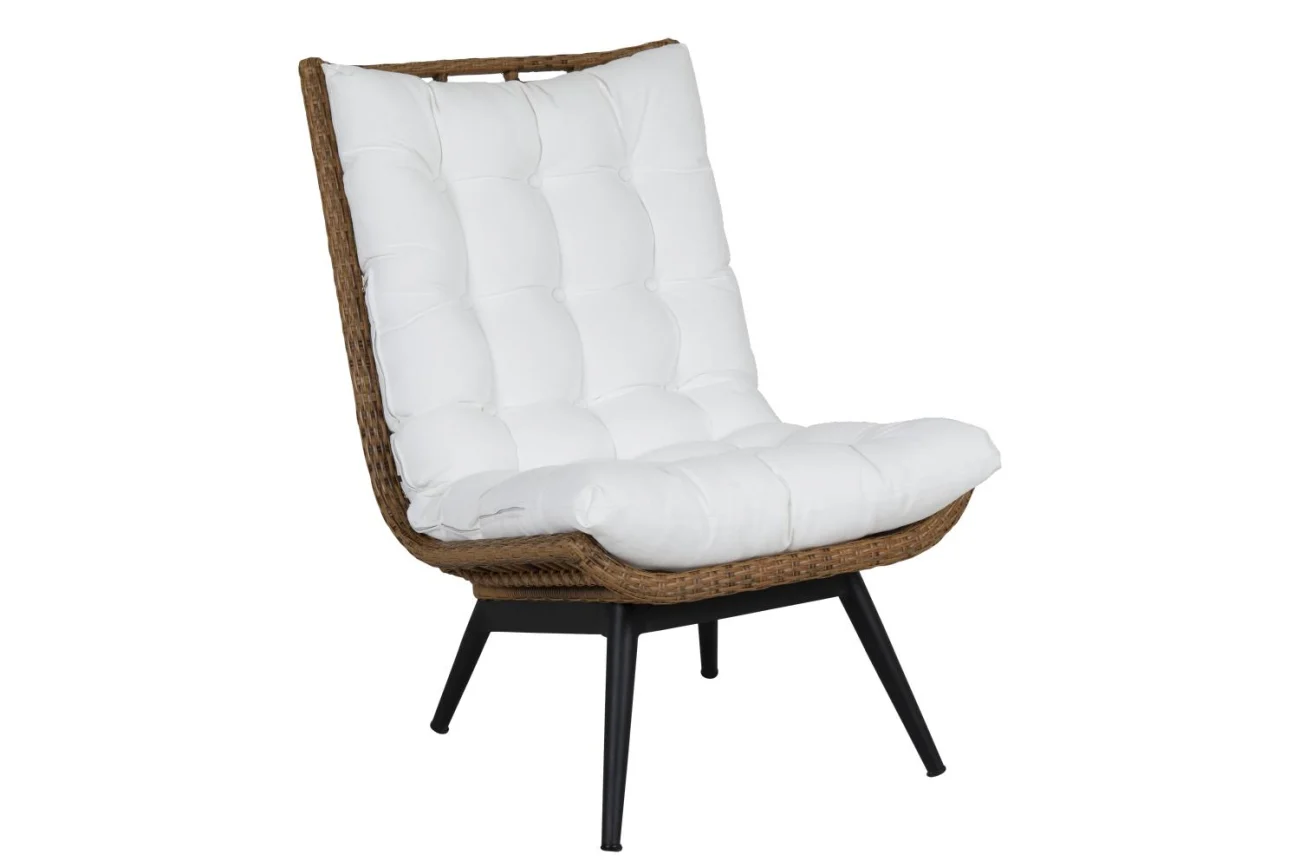 Gartensessel Covelo von Brafab aus Rattan und Aluminium, modern skandinavisch, natur mit weißem Kissen