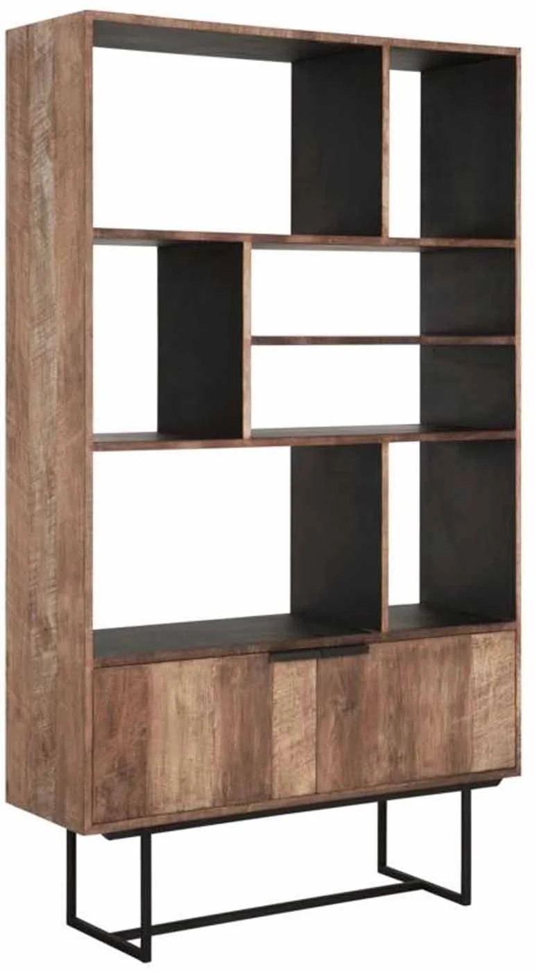 Regal Odeon Teak Massivholz, modern, natur, mit 2 Klapptüren und 7 Fächern, Metallgestell - dtp Home