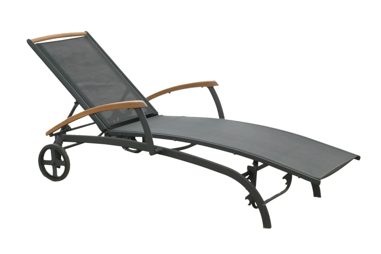 Gartenliege Andy aus Teakholz und Aluminium, modern, verstellbare Rückenlehne, schwarz, mit Rädern - Brafab