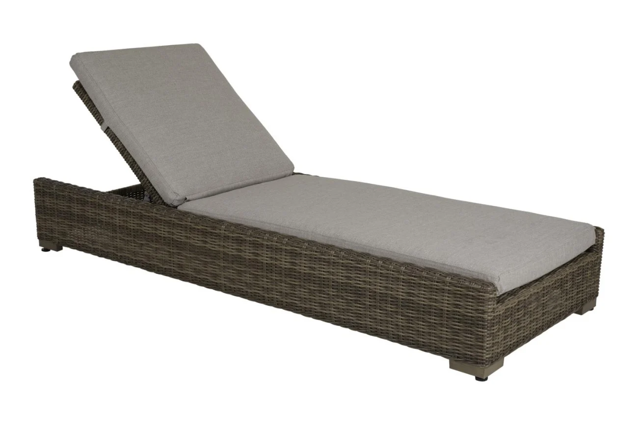 Gartenliege Ninja mit Kissen aus Kunst-Rattan und Olefin-Stoff, klassisch, natur-beige, verstellbare Rückenlehne