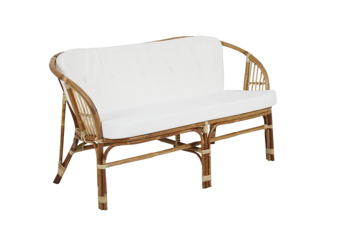 Gartenbank Astraken mit Kissen aus Rattan und Stoff, skandinavischer Boho Stil, natur weiß, 2-3 Sitzplätze