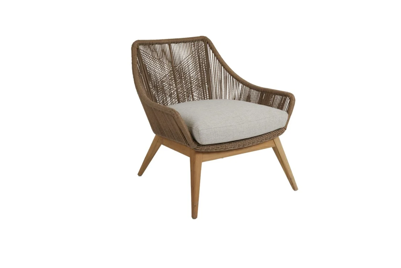 Gartensessel Hassel mit Kissen aus Teak und Rattan, modern skandinavisch, natur-beige, für Outdoor