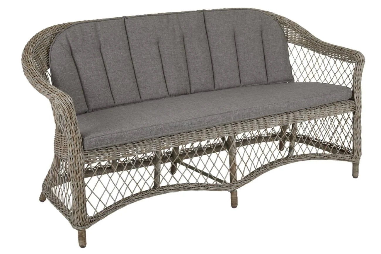 Gartenbank Kamomill von Brafab aus Rattan, klassisch gepolstert, natur, mit Kissen, für 3–4 Personen
