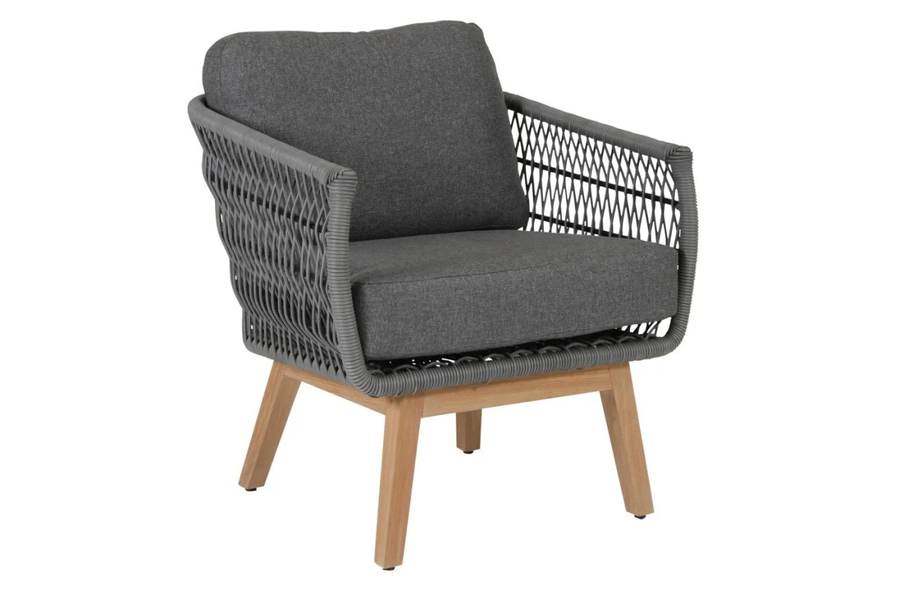 Gartensessel Kenton mit Kissen aus Teak und Rattan, modern skandinavisch, grau natur, für Outdoor - Brafab