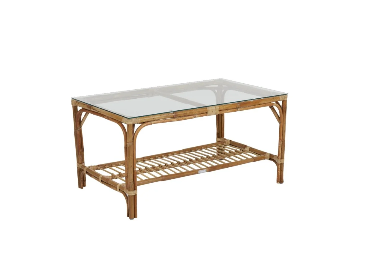 Gartencouchtisch Astraken aus Rattan und Glas, Boho Stil, natur, 100x60 cm, für draußen - Brafab