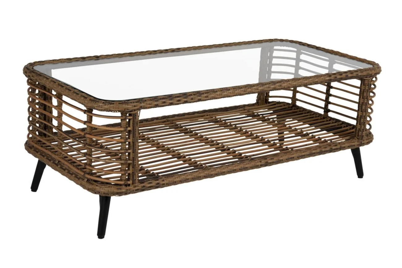 Gartencouchtisch Covelo 122 cm aus Kunst-Rattan und Glas, Boho Stil, natur, für Outdoor