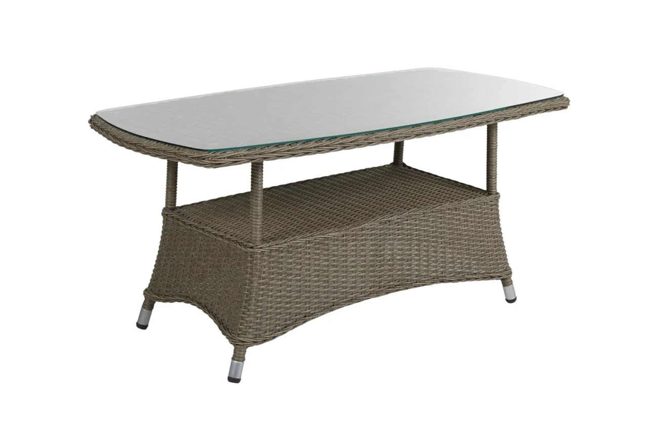 Gartencouchtisch Hornbrook 120x65 cm aus Kunst-Rattan mit Glasplatte, klassisch, natur, für Outdoor