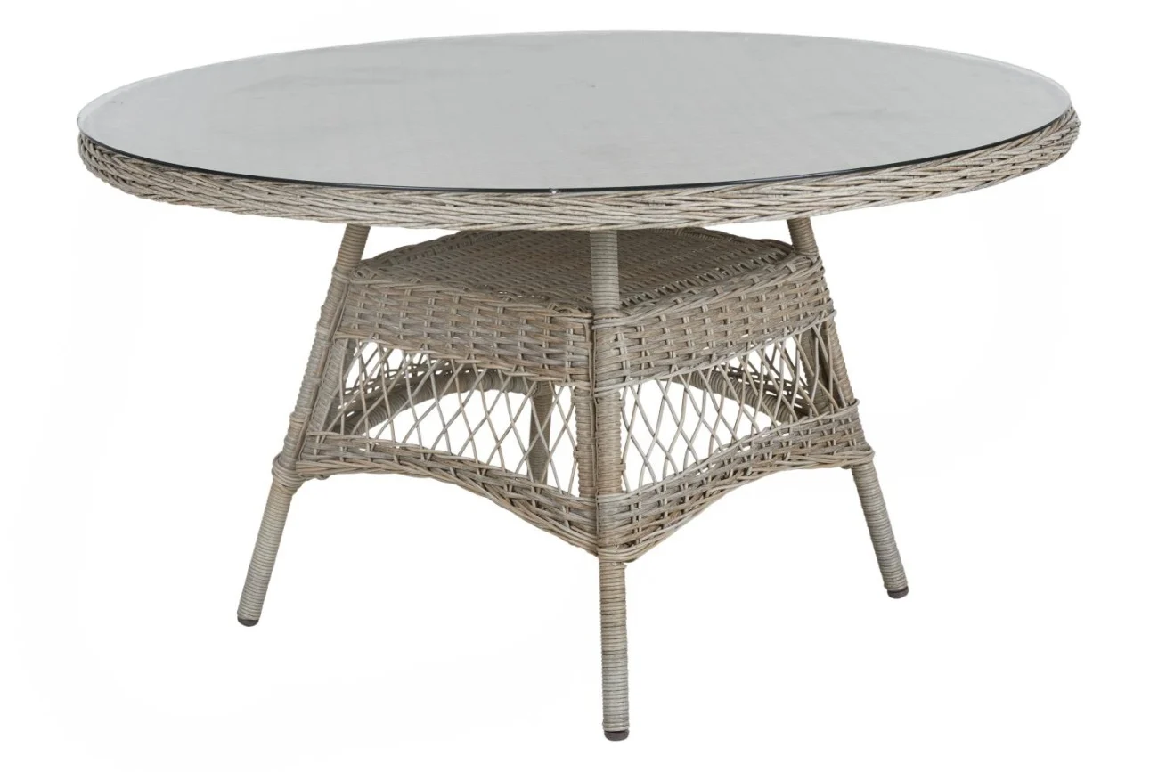 Gartenesstisch Kamomill aus Kunst-Rattan und Glas, klassisch rund, beige, für 2-4 Personen, Ø 130 cm