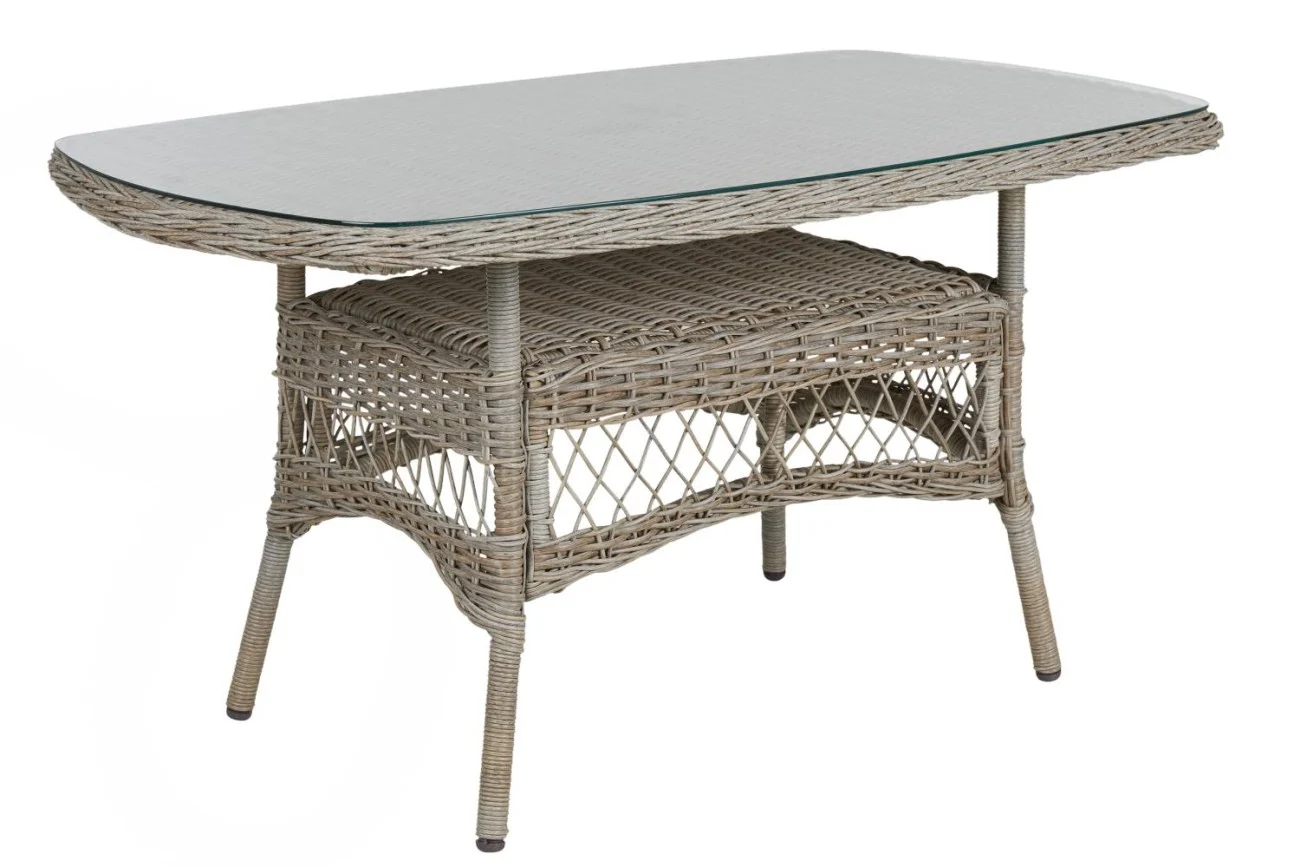 Gartenesstisch Kamomill 135x80 cm aus Kunst-Rattan und Glas, klassisch, beige, für 4–6 Personen
