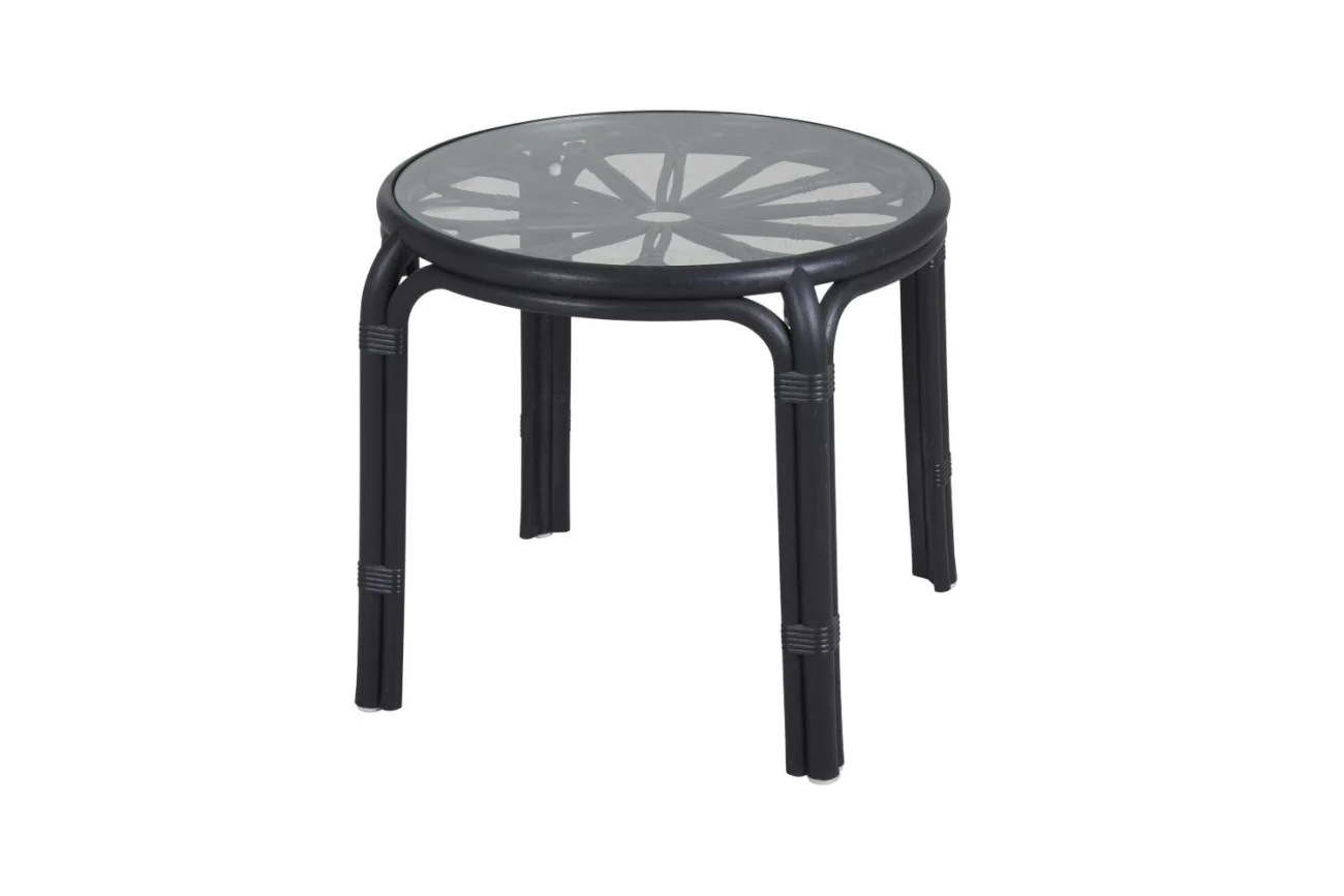 Gartenbeistelltisch Waltz 50x50 cm aus Rattan mit Glasplatte, klassisch, rund, schwarz, für Outdoor - Brafab