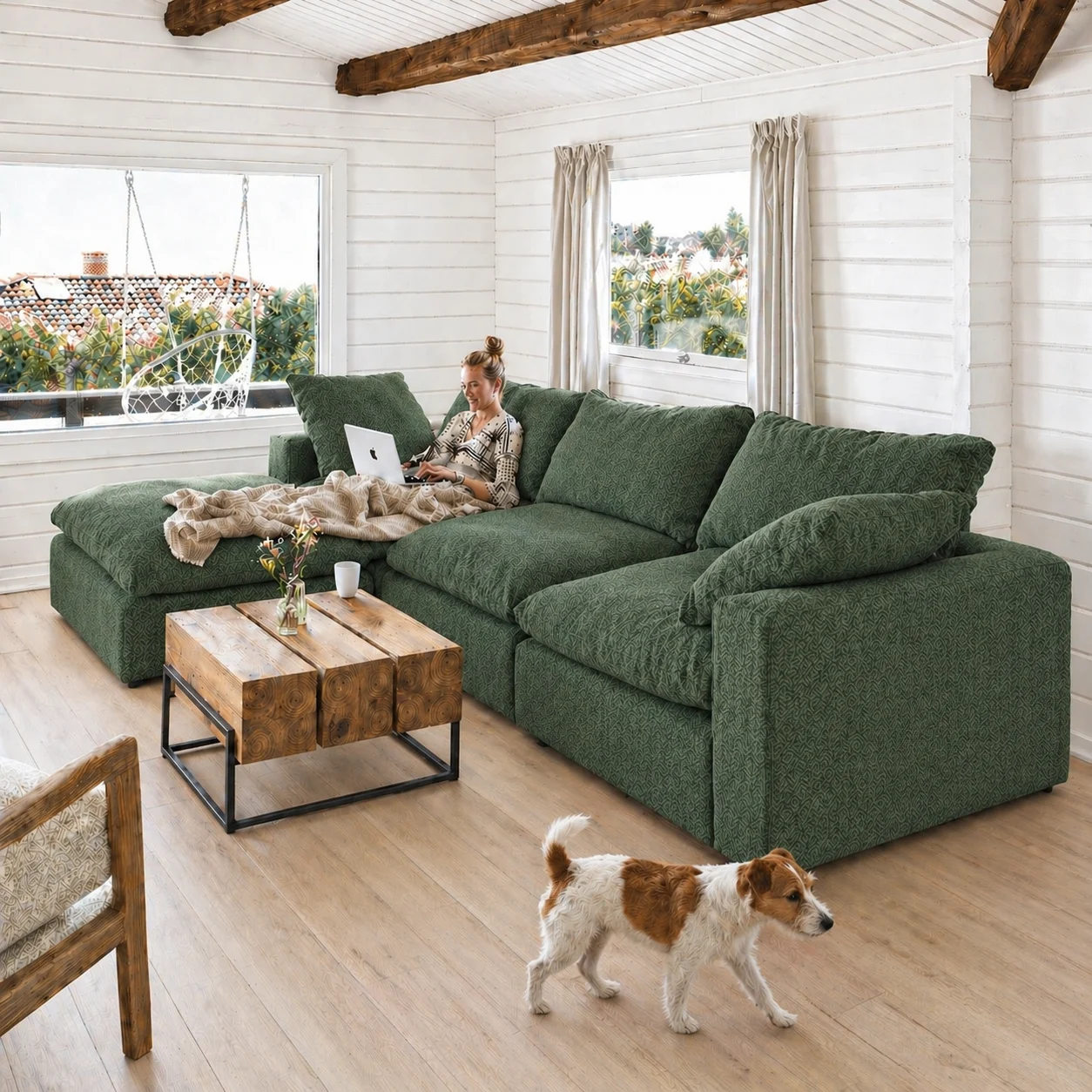 Lazy Modulsofa 3 Sitzer mit Chaiselongue Links, Stoff Terranova Tanne - FASMAS