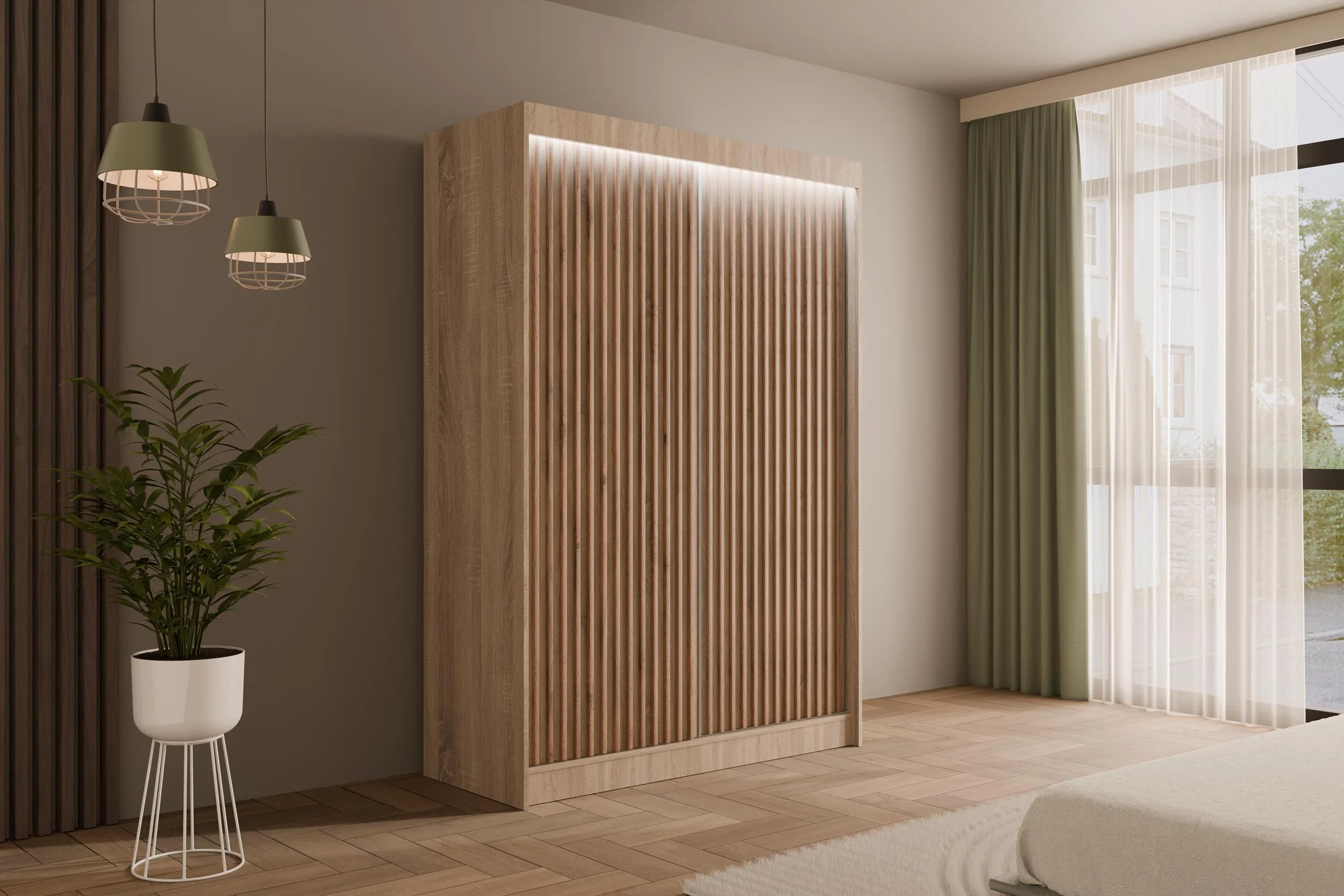 Schiebetürenschränke VILANv2 Eiche Sonoma + Eiche Sonoma + Lamelle Eiche Wotan 120 cm x 61 cm x 215 cm - Altdecor