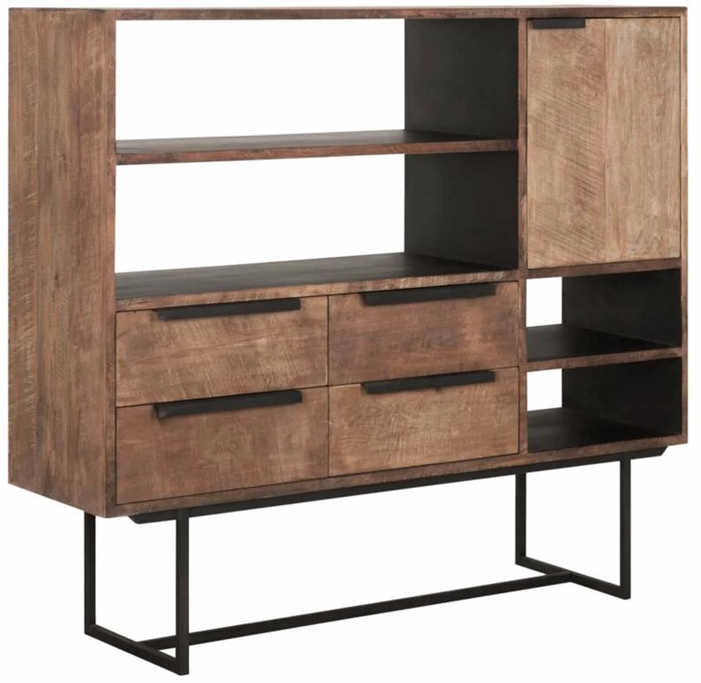 Highboard Odeon Teak, massives Teakholz und Metall, Industrial Stil, natur, 4 Schubladen, 1 Tür - dtp Home