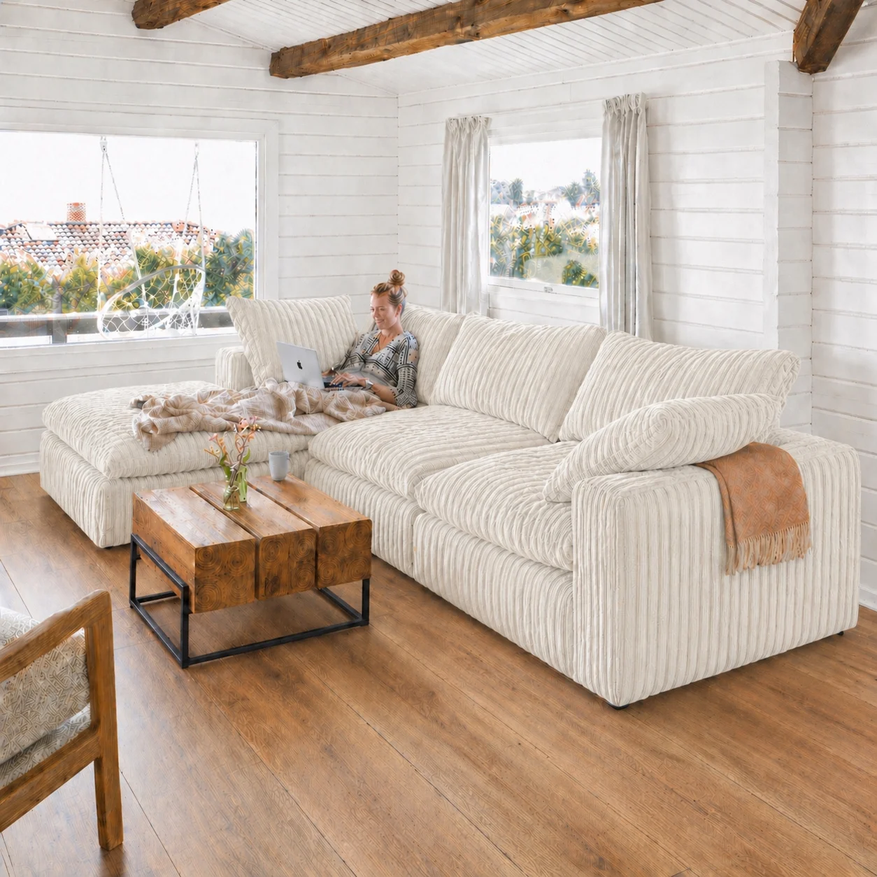Lazy Modulsofa 3 Sitzer mit Chaiselongue Links, Stoff Mega Ivory - FASMAS