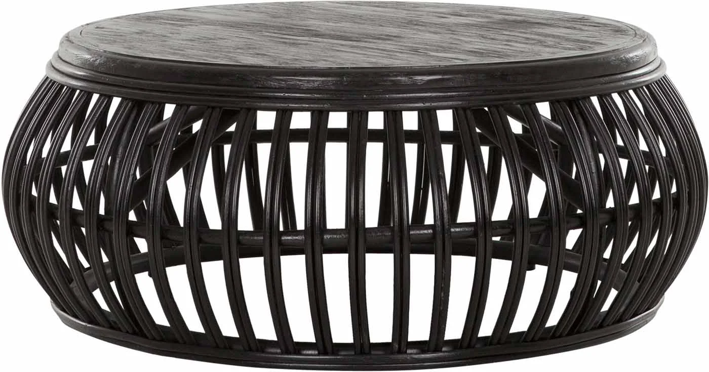 Couchtisch Positano aus Rattan und Holz, Retro Chic Design, rund, schwarz, Must Living