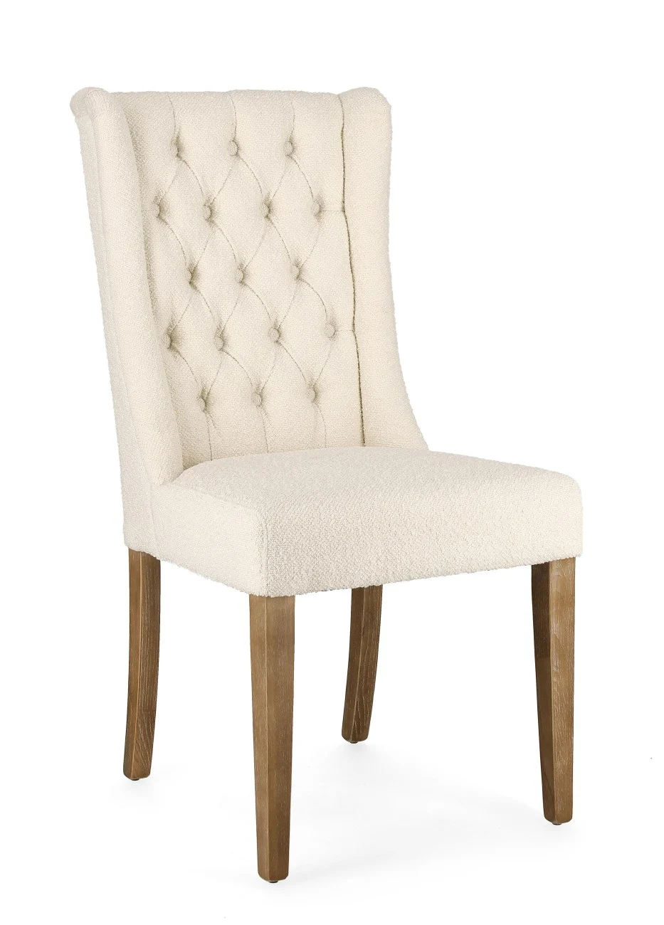 Esszimmerstuhl Columbia aus Bouclé-Stoff, Barockstil, creme, gesteppte Rückenlehne, Eichenholzgestell