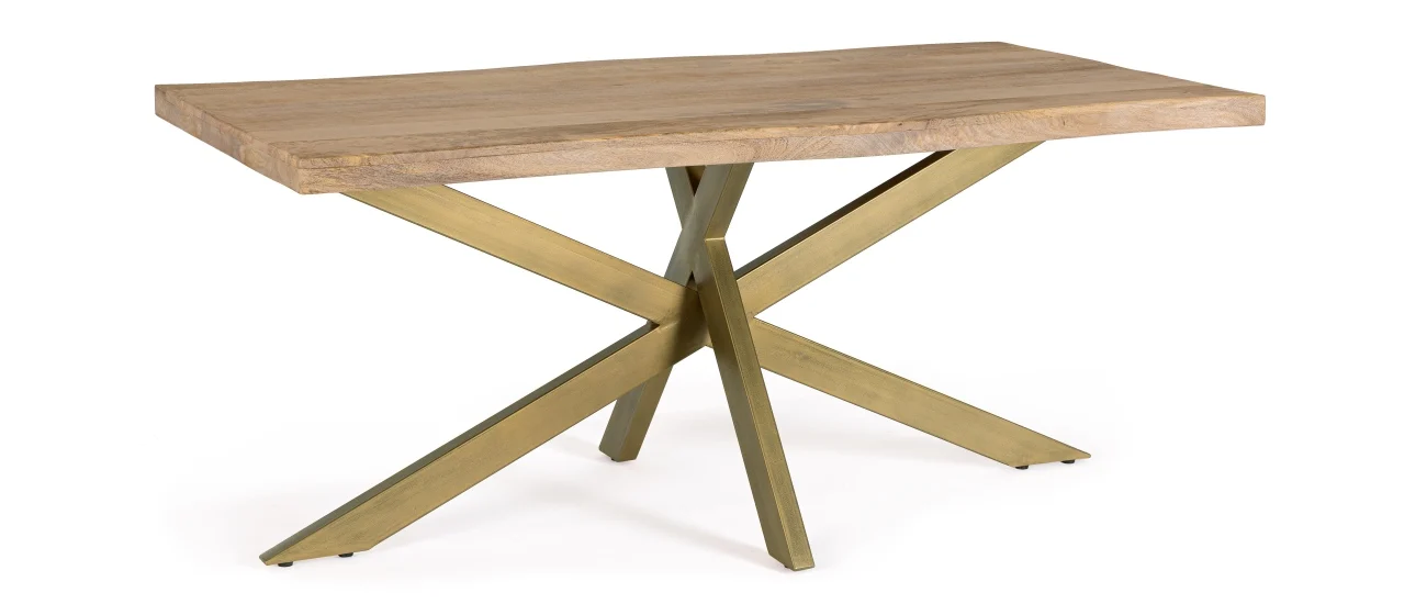Esstisch Jaidev aus Mangoholz, modernes Design, Natur, 175x90 cm, Spider-Gestell in Messing