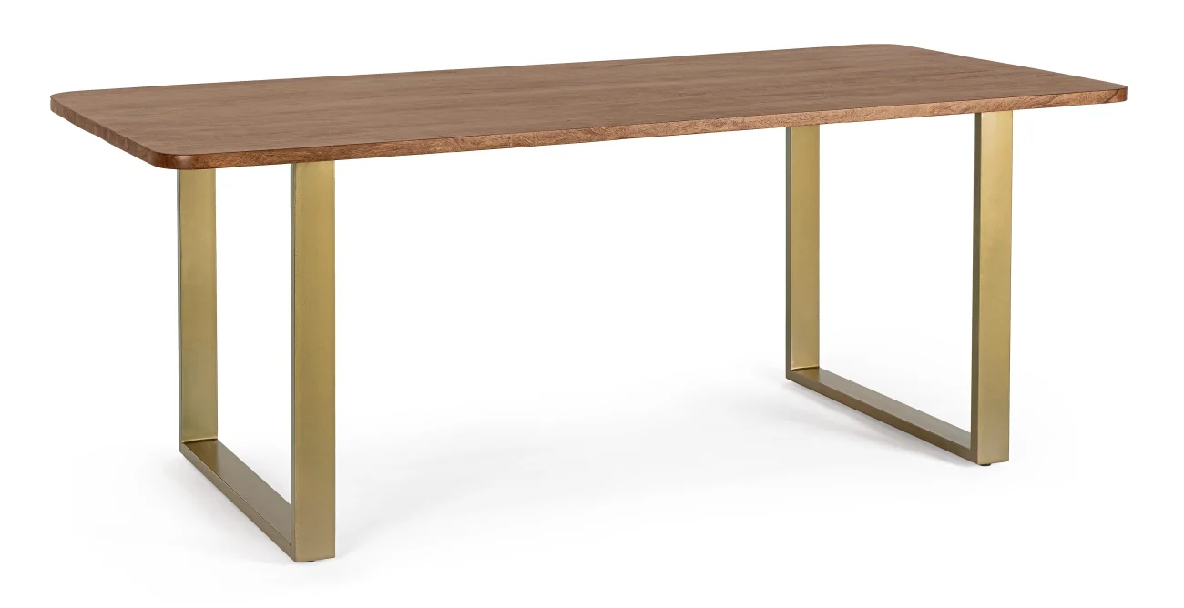Esstisch Vital aus Akazienholz, modernes Design, rechteckig, natur, Metallgestell in Messing, 200x90 cm, für 6-8 Personen